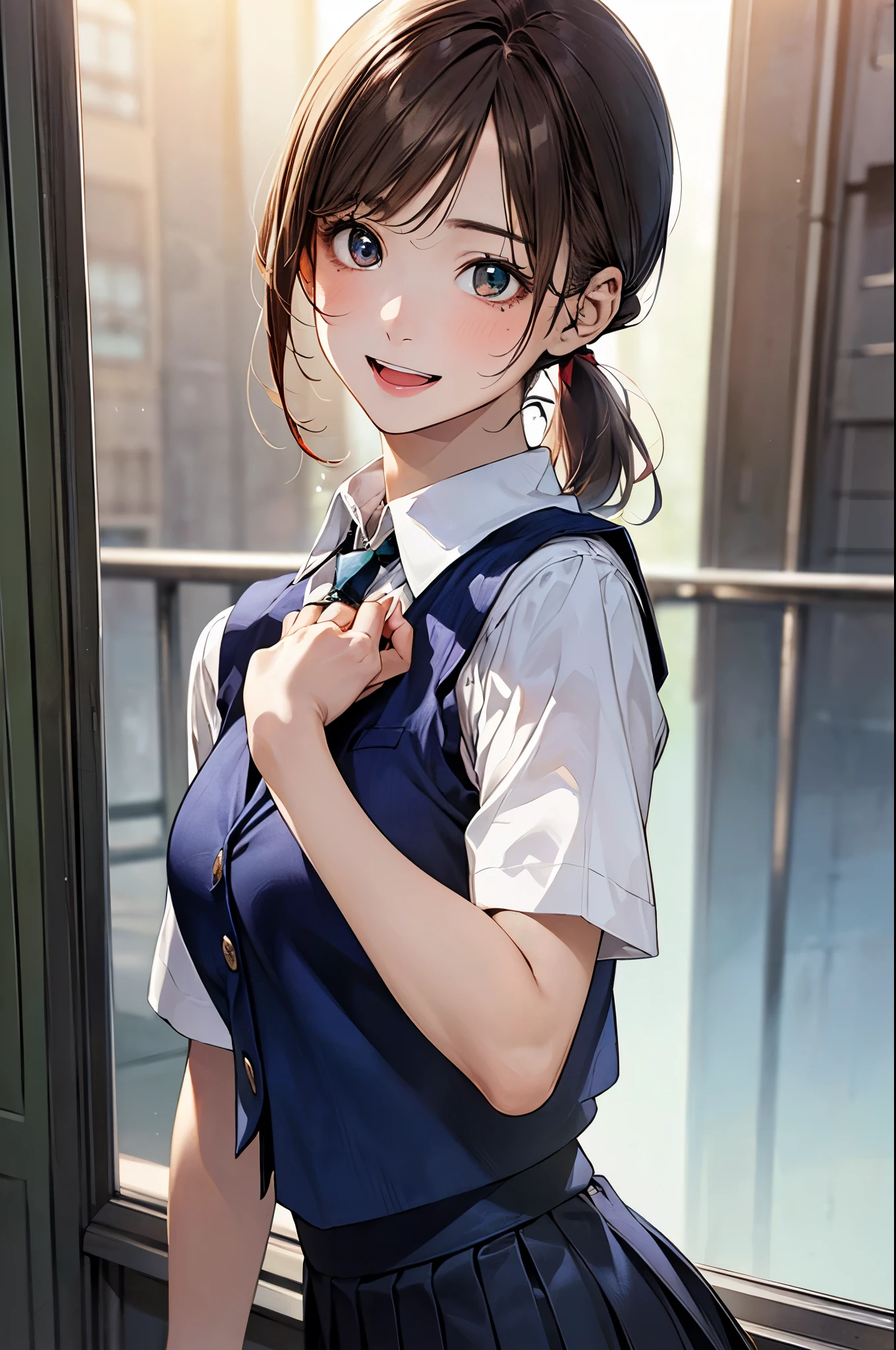 (masterpiece:1.2, top-quality), (realistic, photorealistic:1.4), beautiful illustration, (natural side lighting, movie lighting), 
looking away, (face focus, upper body, from below), 1 girl, japanese, high school girl, 14 years old, perfect face, perfect body, cute and symmetrical face, shiny skin, babyface, tiny, 
(short hair:1.5, (low ponytail):1.6, long sideburns, light brown hair), asymmetrical bangs, dark blue eyes, big eyes, drooping eyes, (middle breasts, seductive thighs, big ass), 
beautiful hair, beautiful face, beautiful detailed eyes, beautiful clavicle, beautiful body, beautiful chest, beautiful thigh, beautiful legs, beautiful fingers, 
((white collared shirt, navy blue box pleated skirt, dark red tie, bavy blue vest), emerald green hair ribbon), 
(beautiful scenery), evening, (school crassroom), sitting, (happy smile, open mouth), 