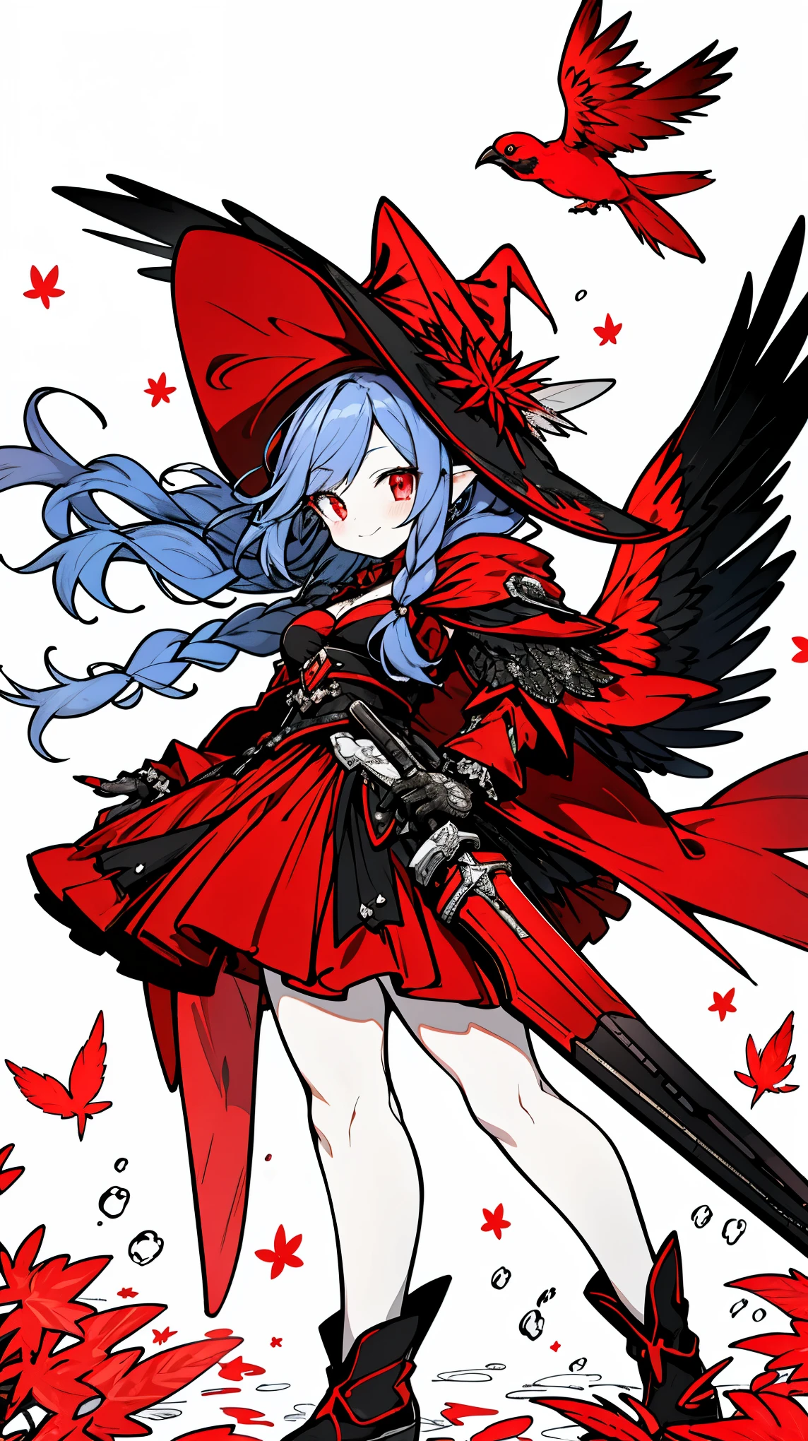 （（masterpiece：1.4，best quality））+，（Ultra-detailed）+，（super detailed eyes）+，（winged ears：1.5），
（cute girl），15 years old，（crimson pupils：1.15），long blue hair，long braids，Thick hair（Variza：1.2），Pale complexion，giggle，red rhombus crystal，red bird feathers，black underwear，
（She wears conservative red and yellow feathered costumes，black pattern，：1.5），（Starry Sky Cloak：1.4），The sleeves are very long，red bird feather headdress，halo of flames，red halo，Baiyun，A sea of red leaves and trees，Dream bubbles，Crow crows，red nails，corolla，Red Rifle，
（bird feathers：1.1），
（Dawn light：1.2），
（Thick black and white：1.16），（depth of field：1.4），，intricate details，