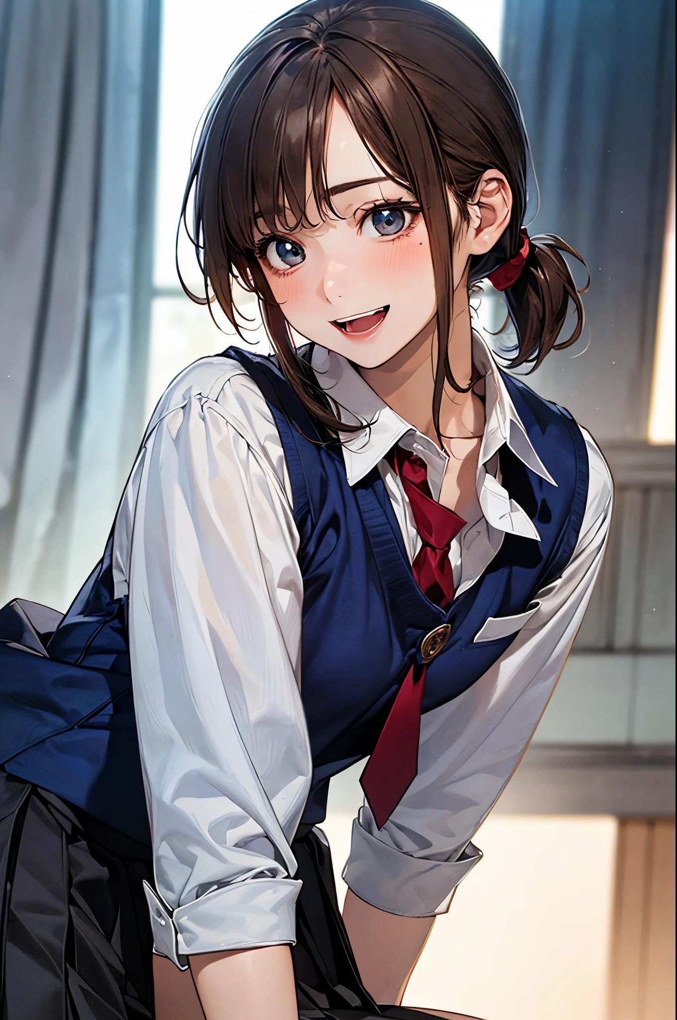 (masterpiece:1.2, top-quality), (realistic, photorealistic:1.4), beautiful illustration, (natural side lighting, movie lighting),
looking away, (face focus, upper body, from below), 1 girl, japanese, high school girl, 14 years old, perfect face, perfect body, cute and symmetrical face, shiny skin, babyface, tiny,
(short hair:1.5, (low ponytail):1.6, long sideburns, light brown hair), asymmetrical bangs, dark blue eyes, big eyes, drooping eyes, (middle breasts, seductive thighs, big ass),
beautiful hair, beautiful face, beautiful detailed eyes, beautiful clavicle, beautiful body, beautiful chest, beautiful thigh, beautiful legs, beautiful fingers,
((white collared shirt, navy blue box pleated skirt, dark red tie, bavy blue vest), emerald green hair ribbon),
(beautiful scenery), evening, (school crassroom), sitting, (happy smile, open mouth),