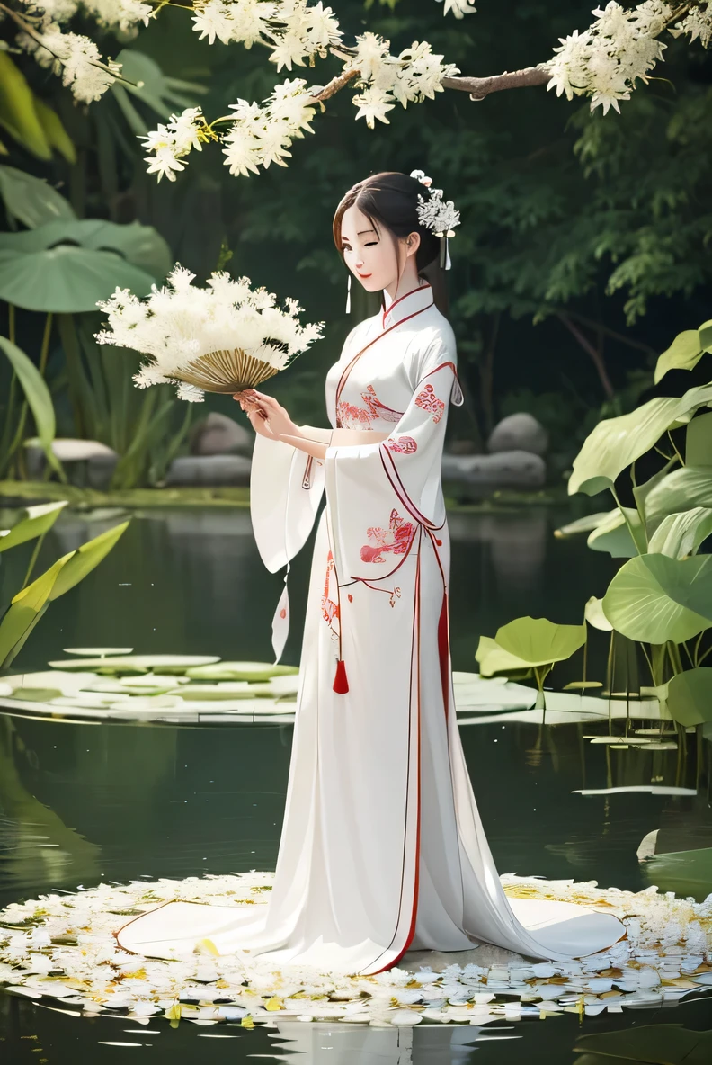 chinese goddess wrapped in elegant white attire, standing on a lotus bud, wearing white chinese cloth, holds a willow branch in one hand and a vase of pure water in the other.