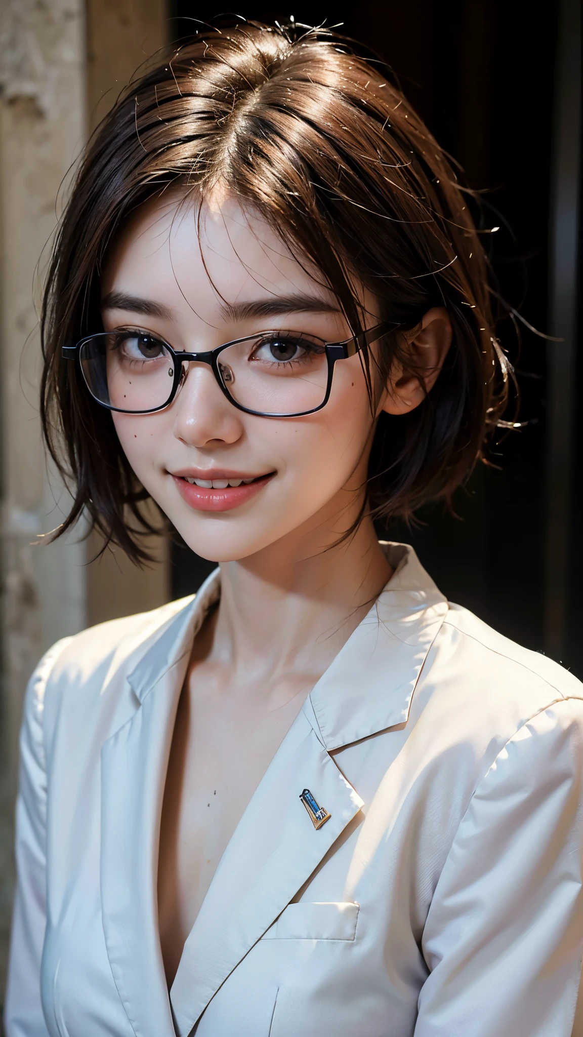 highest quality, masterpiece, ultra high resolution, (realistic:1.3), (face close up portrait) RAW photo, 1 girl, 22 years old,Medium chest,((mole on mouth)),(((business suit))),((square glasses with thin black frames)),((clean short hair)),masterpiece, realistic pictures, japanese pictures, fuji negative film,POCARI SWEAT ads ((Medium chest)),((toothy smile)),brown hair