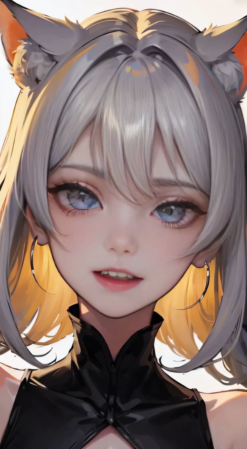 天使の羽を持つ人形のようなCat earの女の子, archangel, Cat ear, facing the front, largely, skinny, small breasts, , princess crown, dragon horn, look up at the camera, (i don&#39;t&#39;no hands),(Top quality real textured skin),(deep),(OK, round, symmetrical eyes),delicate facial features,(hot eyes and cold eyes), (she has a mischievous smile on her face),(Her face is gentle and beautiful),glass earrings in the ears,,(blonde hair),(silver hair),(dramatic photos:1.4),(dramatic pose),(gorgeous photos), upturned eyes, Upper grade, dirty picture，(Hair flows through the air:2.0),(Whirlpools and currents in the background),(dramatic light),(epic scene),epic realism,Feels like a movie,(High-density imaging review:1.5),(soft colors:1.2),Super detailed,dramatic light,(intricate details:1.1), complex background, Glowing background, Fractal background,(powerful fangs:1.5 cats
