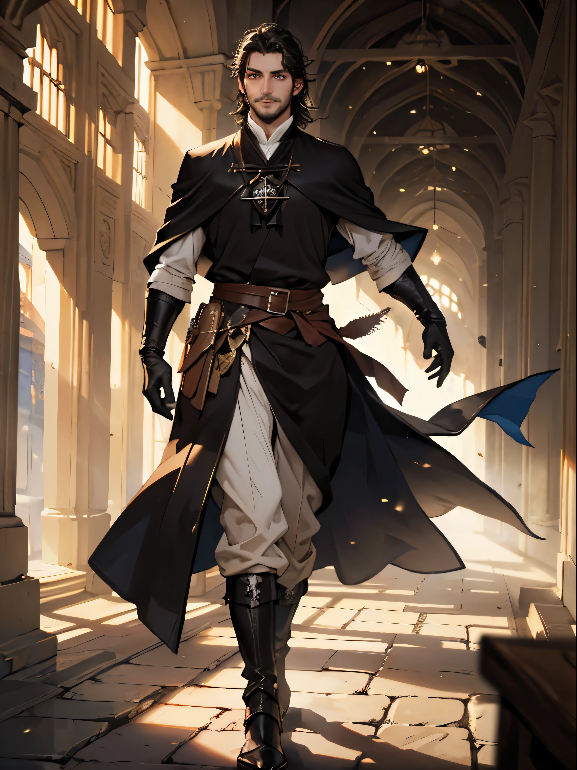 (((((male))))), masterpiece, super detailed, 8K portrait, RAW photo, male's portrait photography, highly detailed face, beautiful and detailed eyes, ((fantasy)), 30 years old (((male))), 170cm, (((((magician))))), (((slimming))), ((Black big hair)), smile, adventurer, (((magician robe))) fluttering in the wind, leather boots, with magic gloves, midday sun, surreal, long legs, in the medieval adventurer's guild, environmental lighting, shadow details , focus the camera on the face, strong wind, light fog