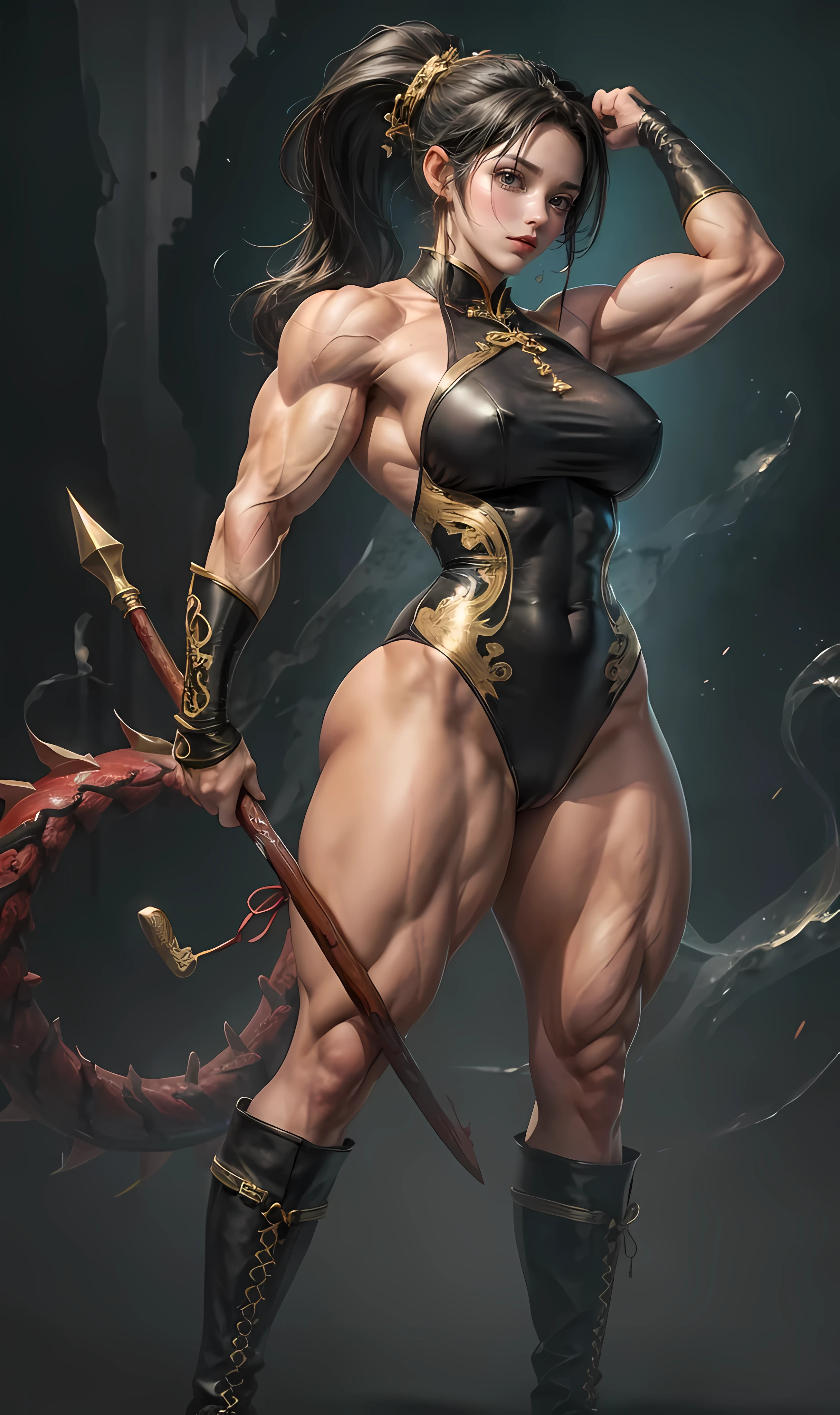 Detailed face, neat face, 8 K, HQ, art station, full body, 9 life, tall, long legs, ponytail, black hair, model standing, right hand on hip, qi-pao, cheongsam, dragon pattern, gold embroidery, blue cheongsam, sleeveless, legs visible through slit, knee-length long boots, black leather long boots, pin heel boots, muscular woman, raised muscles, protruding muscles, Muscular thick neck, split abs, blood vessels protruding from the arms, thick blood vessels protruding from the thighs, model photo session, flaunting muscles, showing off monstrous power, muscular! !! , bodybuilding, holding a weapon in one hand