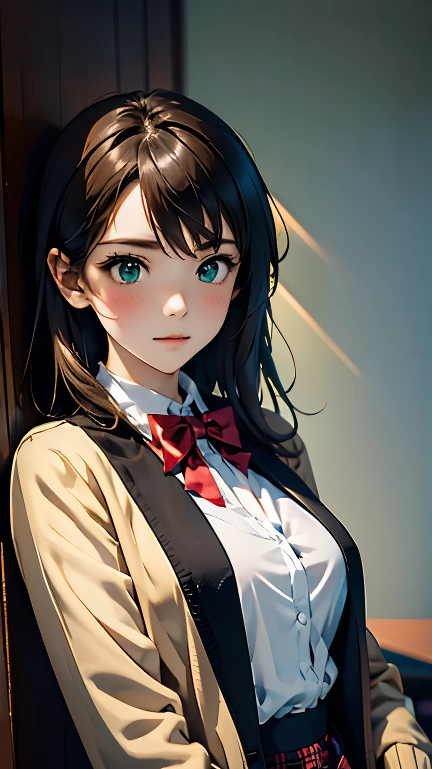 ((table top, highest quality, High resolution, nffsw, perfect pixel, Depth of written boundary, 4k, nffsw, nffsw))), 1 girl, single, alone, beautiful anime girl, beautiful art style,, ((long hair, bangs, dark brown hair, curly hair:0.8)), ((green eyes:1.4、realistic eyes)), ((detailed face, blush:1.2)), ((smooth texture:0.75, realistic texture:0.5, Anime CG style)), medium breasts, dynamic angle, small breasts, perfect body, dynamic pose, ((red bow tie, school uniform, black jacket, open jacket, brown cardigan, white shirt, black skirt, plaid skirt)), smile, open your mouth, turn your arms behind your back, leaning forward, Amalment Park, ((close, throw, cute, shoot in the face))