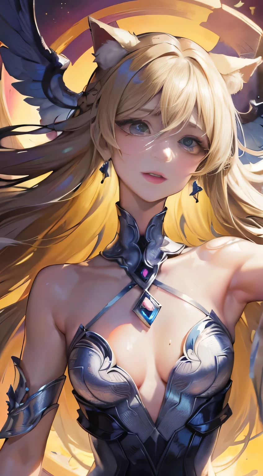天使の羽を持つ人形のようなCat earの女の子, archangel, Cat ear, facing the front, largely, skinny, small breasts, , princess crown, dragon horn, look up at the camera,(Top quality real textured skin),(deep),(OK, round, symmetrical eyes),delicate facial features,(hot eyes and cold eyes), (she has a mischievous smile on her face),(Her face is gentle and beautiful),glass earrings in the ears,,(blonde hair),(silver hair),(dramatic photos:1.4),(dramatic pose),(gorgeous photos), upturned eyes, Upper grade, (Whirlpools and currents in the background),(dramatic light),(epic scene),epic realism,Feels like a movie,(High-density imaging review:1.5),(soft colors:1.2),Super detailed,dramatic light,(intricate details:1.1), complex background, Glowing background, Fractal background,Cat ear
