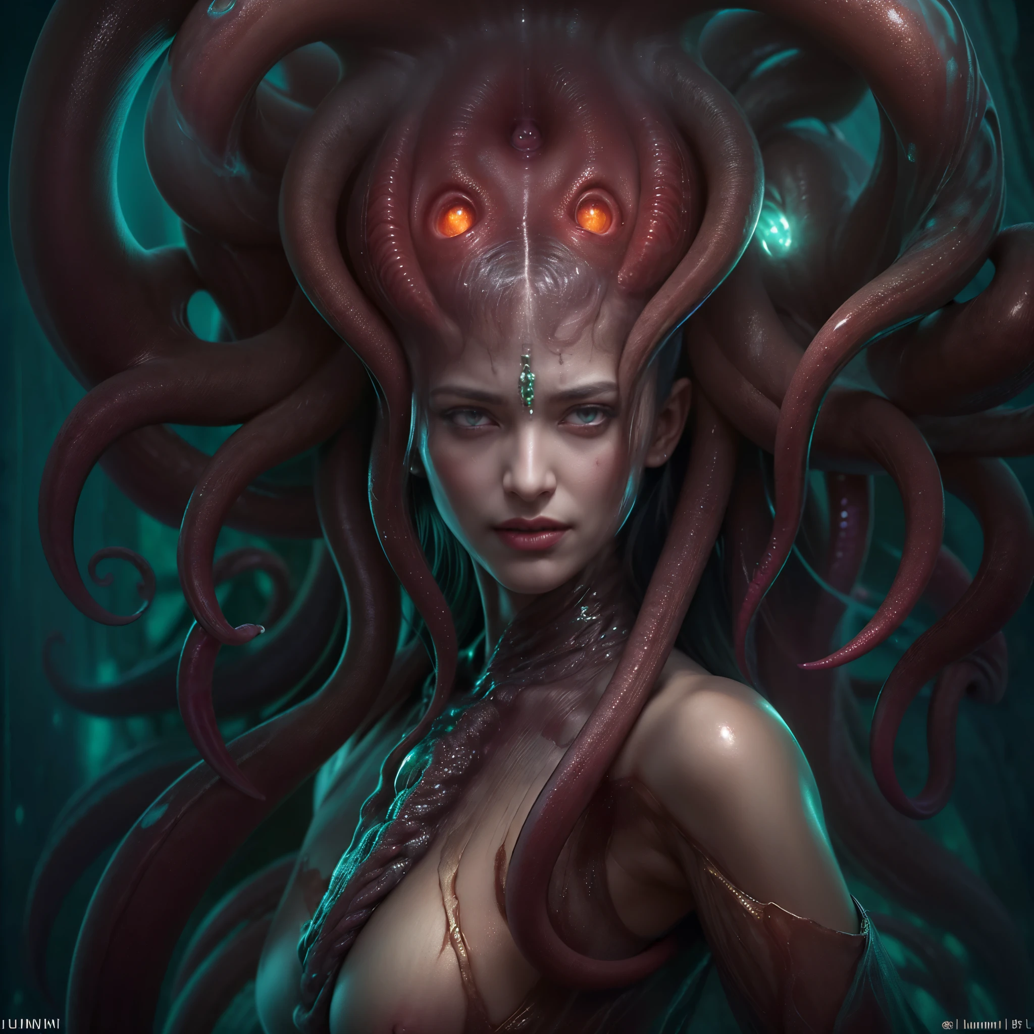 (1 beautiful and obscene female alien:1.4), (There is a female genital-like organ in the middle of her forehead:1.95), She has medusa-like hair, (there are lots of translucent tentacles from her head like her hair:1.5), (vulgarity1.7), (she is looking down at viewers with glowing red eyes with no pupils:1.6), (She has translucent pale skin:1.4),(She has the most beautiful face in the history of the universe:1.2), (She has multiple bioluminescent organs on the side of her tentacles:1.4), (Her body is covered with an iridescent exoskeleton:1.4), (She is showing her arm pits:1.6), an evil gaze that seduces, (looking down at viewers:1.4),(Vampire-like long canine teeth can be glimpsed through the gap between the cute lips:1.4) (bio luminescent:1.4), (Smile wickedly:1.3), (sexypose:1.4), alien, No humans, cells are fused, extraterrestrial, cell, bio image, ultra high resolution, (photos realistic:1.7), (Numerous award-winning masterpieces, with incredible detail, textures and maximum detail), Dramatic Lighting, cinematic quality, (exquisite details:1.2), High freshness, drawing faithfully, (Thick eyebrows:1.2), Beautiful eyes with fine symmetry,(Highly detailed face and eyes:1.2),(Super detailed skin quality feeling:1.4), perfect anatomy, (Beautiful toned body:1.5), (Moist skin:1.2), not wearing makeup, (dark circles:1.1), long canines, cinematic drawing of characters, cinematic quality, (exquisite details:1.2), high resolution, High freshness, drawing faithfully, official art, Unity 8K Wall paper, ultra detailed artistic photography, midnight aura, unreal engine 5, Ultra Sharp Focus, art by MUCHA, art by Amano Yoshitaka, ArtGerm, ultra realistic realism, dream-like, Creation of fantasy, dream Snail, (biopunk nautilus:1.3),Thrilling color schemes, seductively smiling, Amazing mutation, well-proportioned body, goddess of the deep sea, fractal, Geometric pattern, impossible figures, subtle emerald green accents, (expression of ecstasy:1.5)