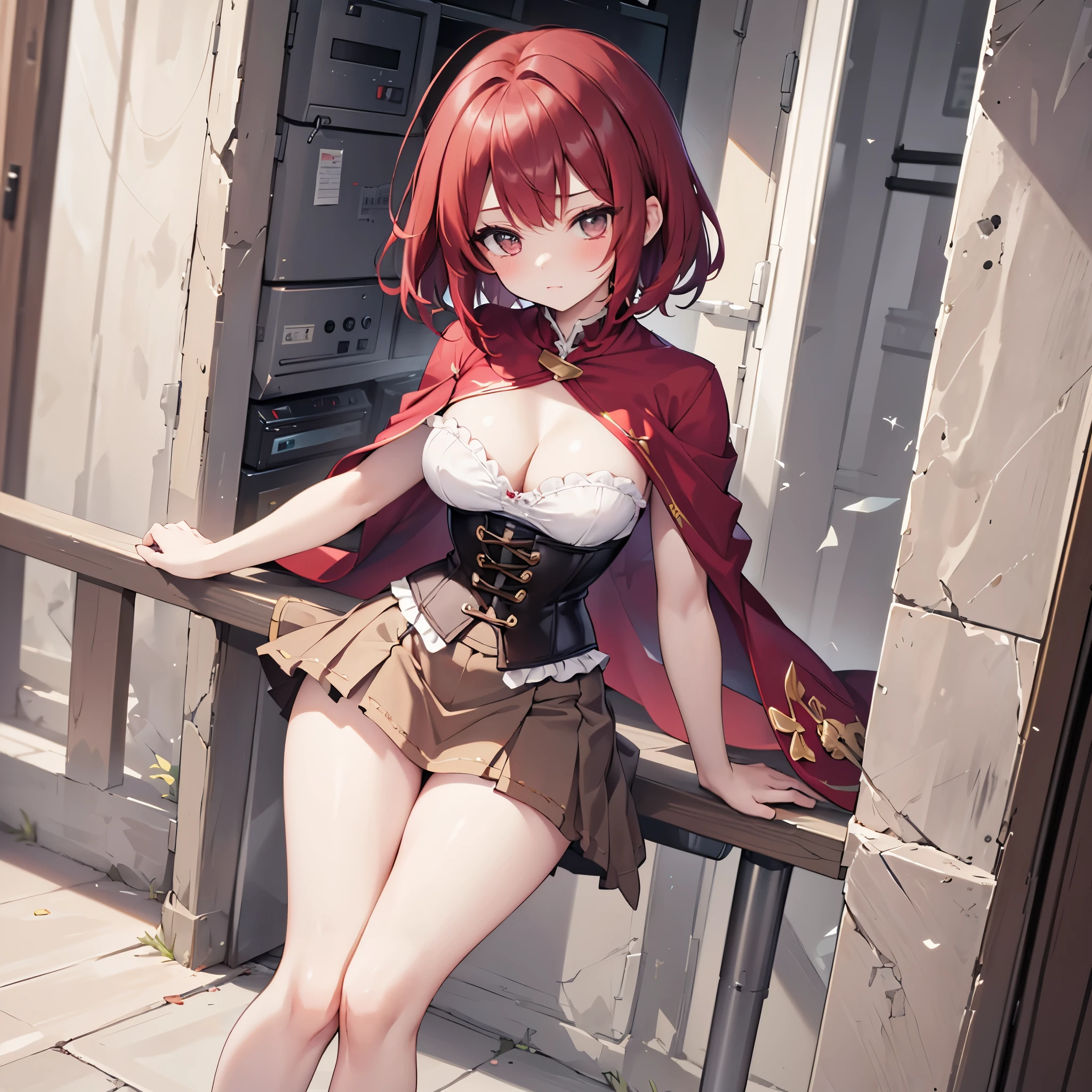 (solo 1 skinny girl:1.4), the middle ages, (short red hair:1.5), (short dress:1.2), (plunging neckline), wiry corset (emphasize cleavage), (very short torso:1.3), (inconceivably thin narrow waist), short (brown capelet), BREAK, (flapping very short brown skirt:1.3), emphasize thigh gap, (thin long legs), nose blush, BREAK, (12th Century Europe)