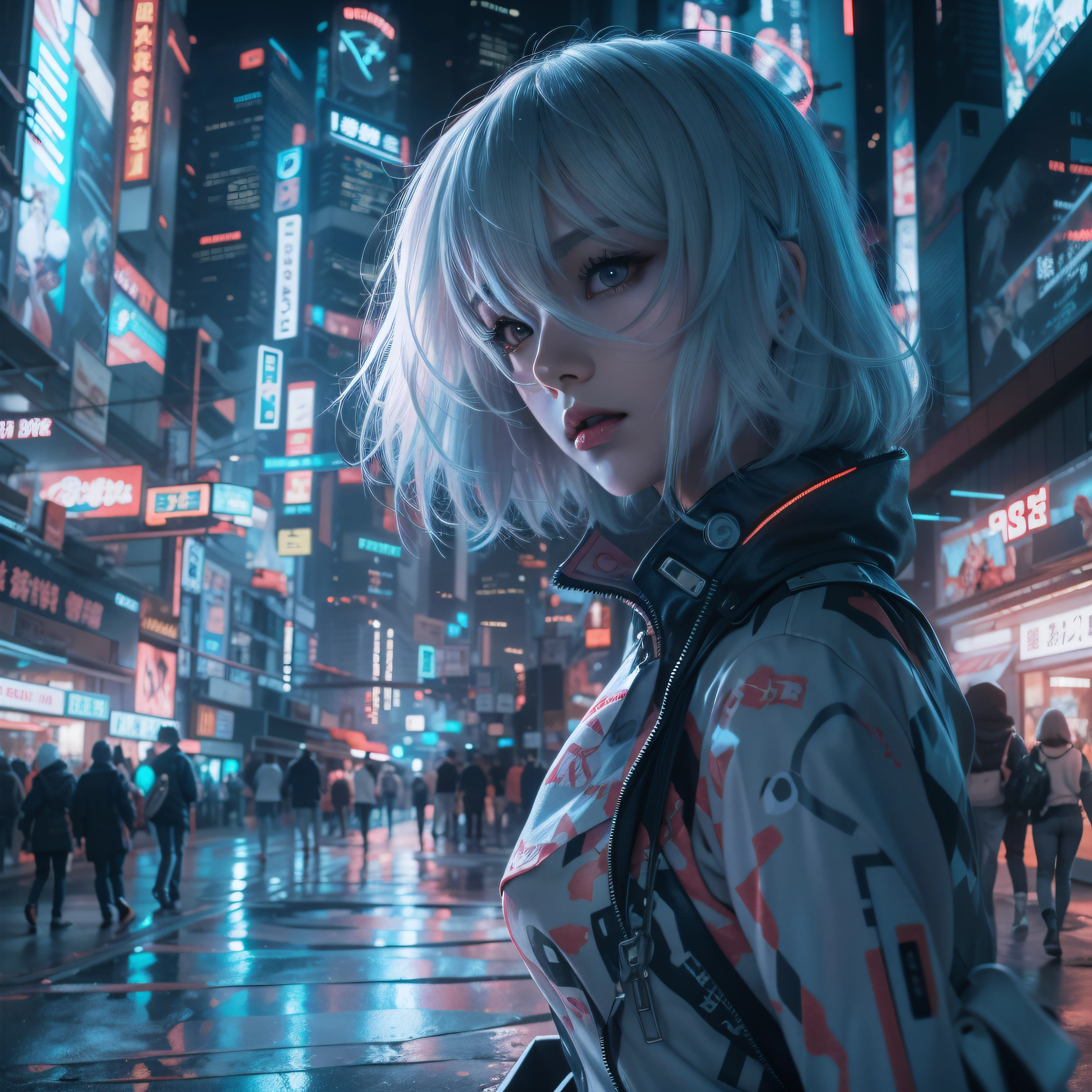 anime girl in a futuristic city at night, ayanami, style of anime4 K, digitl cyberpunk - anime art, Digital cyberpunk anime art, rogue anime girl ayanami rei, Rei Ayanami, anime cyberpunk art, Badass anime 8 K, Best anime 4k konachan wallpaper, Anime art wallpaper 8 K, anime styled digital art, cyberpunk anime girl,Fantasyart,photographrealistic,dynamic lighting,Volumetriclighting,Very detailed faces,4K,