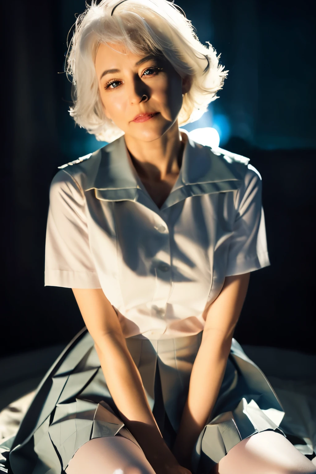 ultra actual 8k cg, picture-perfect face, flawless, Clean, masterpiece, Professional artwork, famous artwork, perfect face, pretty face, beautiful Eye, ((perfect female figure)), alone,(immersive atmosphere, chiaroscuro:1.5,Bright light:1.2,Luminous lighting)middle-aged and elderly woman with white hair chinese woman
,,(blush:0.5),seductive expression,Very detailed_Eye,Thick thighs,big breasts,
Beautifully detailed backgrounds,depth of field,actual:1.3, long shot,1 girl,shirt,pleated skirt, Uniforms, sitting, whole body,
(ambient light:1.3),(composition:1.3),(neon lights:0.1),(high dynamic range:0.1),Accent lighting, white pantyhose,