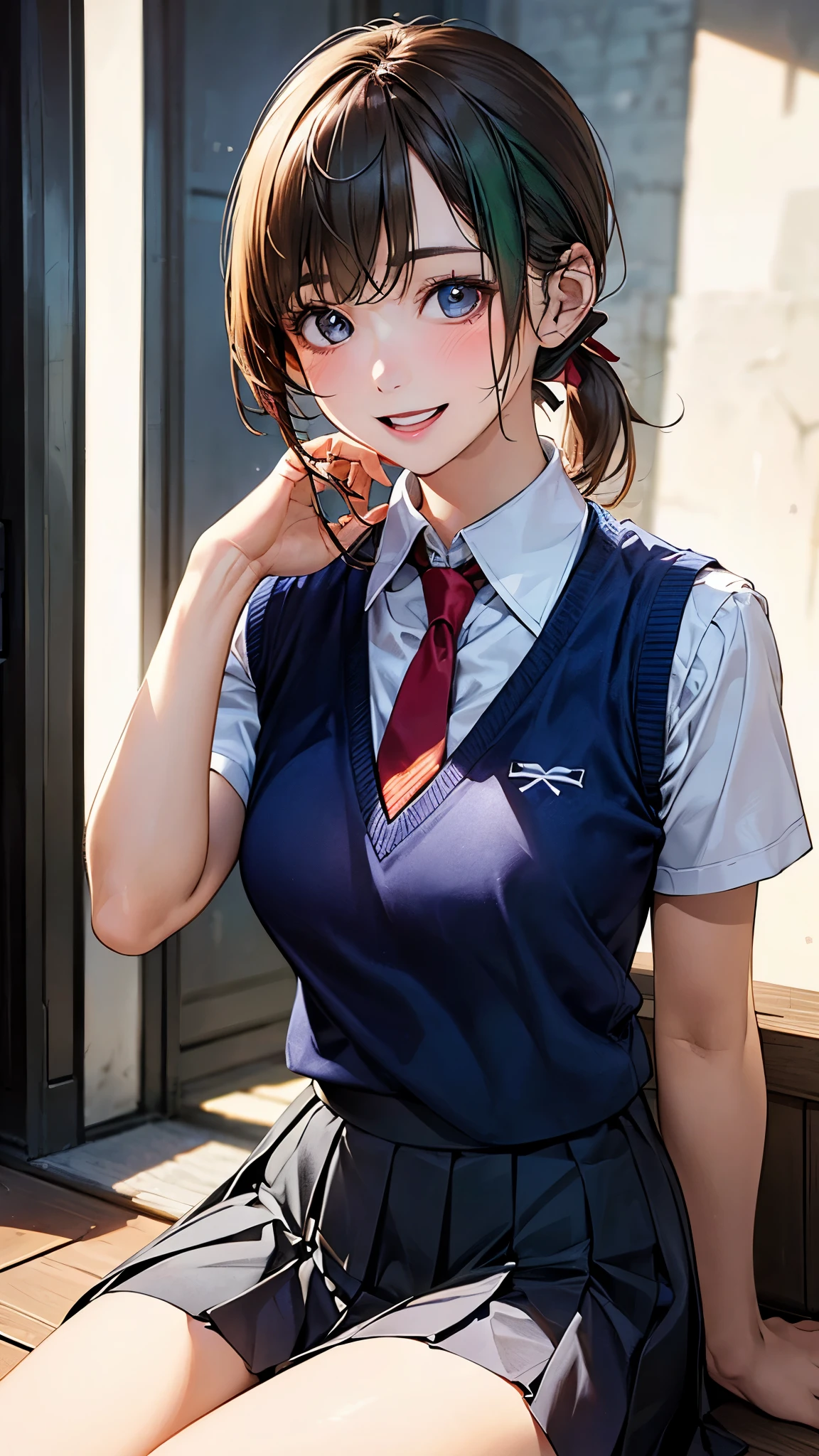 (masterpiece:1.2, top-quality), (realistic, photorealistic:1.4), beautiful illustration, (natural side lighting, movie lighting),
looking at viewer, 1 girl, japanese, high school girl, , perfect face, perfect body, cute and symmetrical face, shiny skin, babyface, tiny,
(short hair:1.5, (low ponytail):1.6, long sideburns, light brown hair), asymmetrical bangs, dark blue eyes, big eyes, drooping eyes, (middle breasts, seductive thighs, big ass),
beautiful hair, beautiful face, beautiful detailed eyes, beautiful clavicle, beautiful body, beautiful chest, beautiful thigh, beautiful legs, beautiful fingers,
((white collared shirt, navy blue box pleated skirt, dark red tie, navy blue vest), emerald green hair ribbon),
(beautiful scenery), evening, (school crassroom), sitting, (happy smile, open mouth),