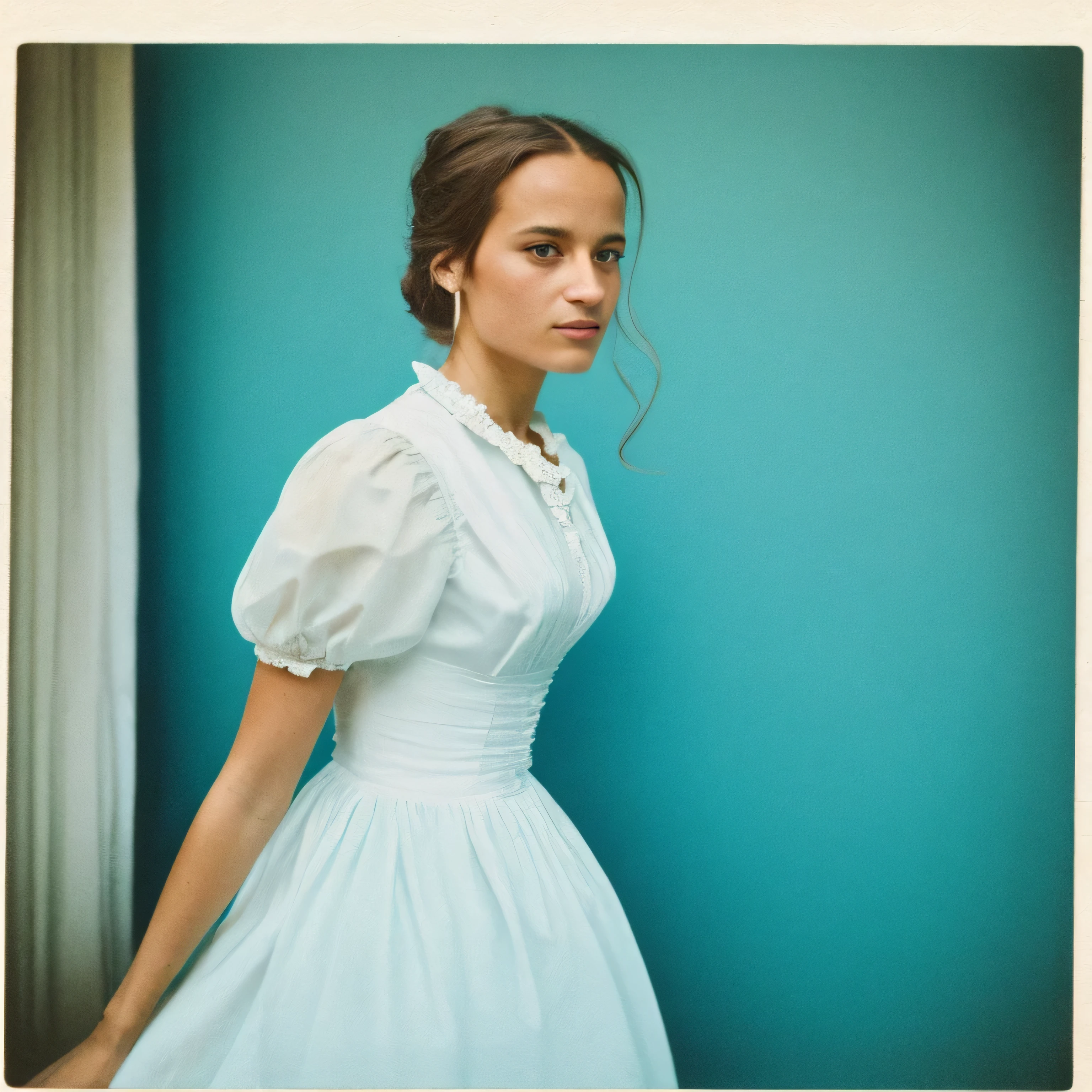 Alicia Vikander in a white 19th century summer dress. Jahrhundert. Jahrhundert, blue-green sky, Weizenfeld, anmutig im Wind tanzend, bunte Libellen, im Stil von Kodak Aerochrome, helles Gold und helles Bernstein, Holga 120n, Darstellung gefangener Emotionen, traumhafte Selbstbeobachtung , light gold and teal, Polaroid im Stil von Stefanie Schneider, Kameradrohne von oben, extremely realistic,