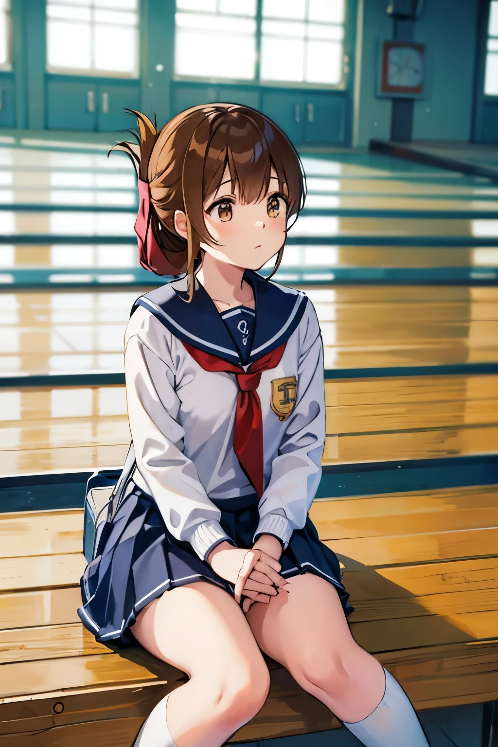 A girl in a sailor suit who is sitting on the floor of the school gymnasium and observing classes because she is not feeling well(masterpiece, best quality:1.2),illustration,8k,hd,1girl,solo,upper body,(portrait:1.2),brown_hair,folded_ponytail,brown_eyes,serafuku,long_hair,school_uniform,skirt,pleated_skirt,