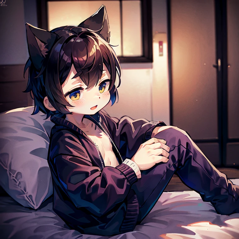 gato, novo, kemono, corpo nu, erect penis, tomando sorvete, deitado em cima da cama, de costas para quem observa