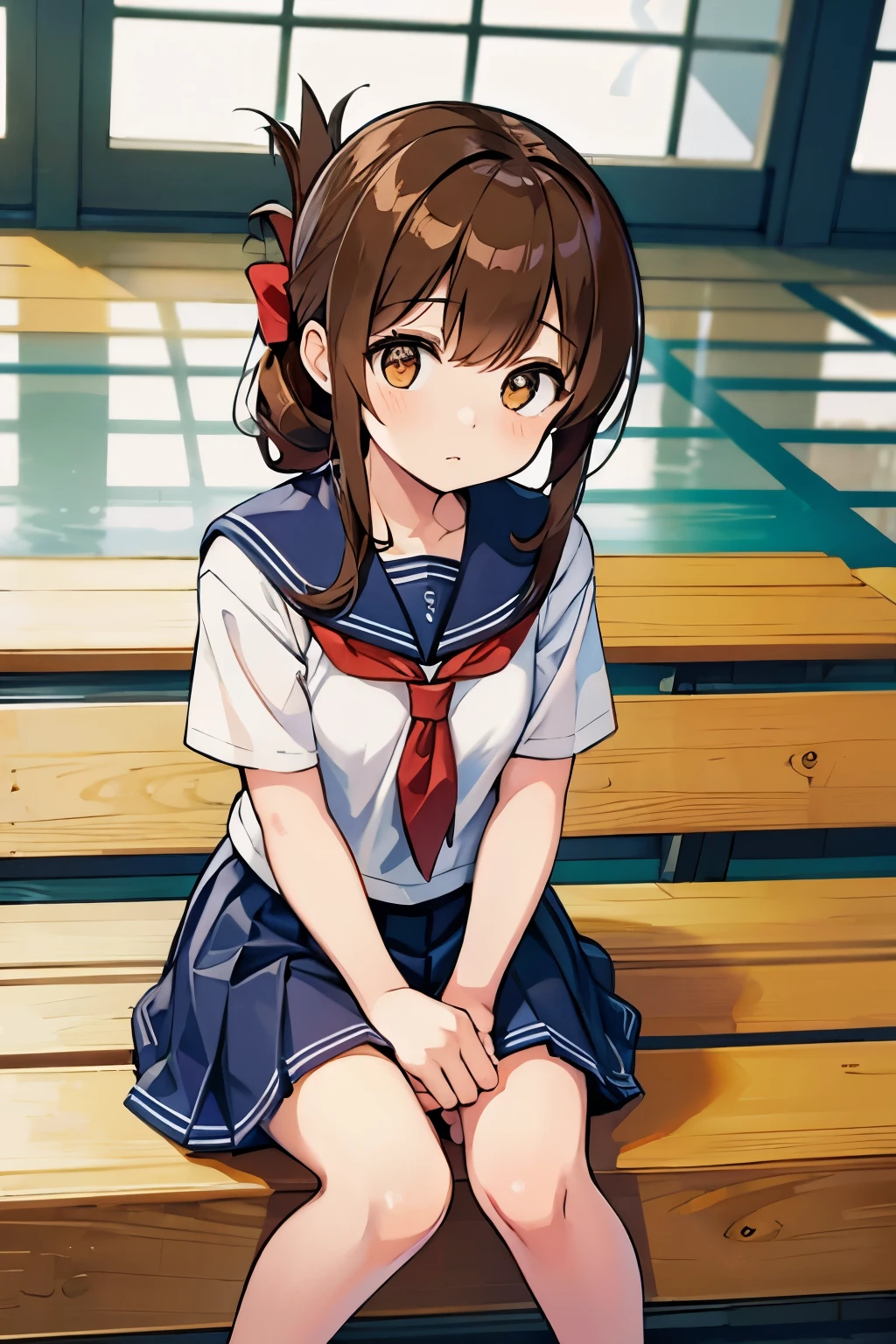 A girl in a sailor suit who is sitting on the floor of the school gymnasium and observing classes because she is not feeling well(masterpiece, best quality:1.2),illustration,8k,hd,1girl,solo,upper body,(portrait:1.2),brown_hair,folded_ponytail,brown_eyes,serafuku,long_hair,school_uniform,skirt,pleated_skirt,