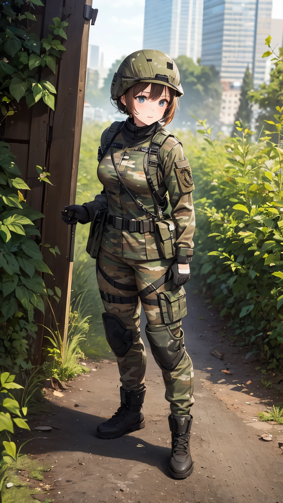 1 European woman in combat clothes,cute,camouflage battle suit, sci-fi, shortcut,