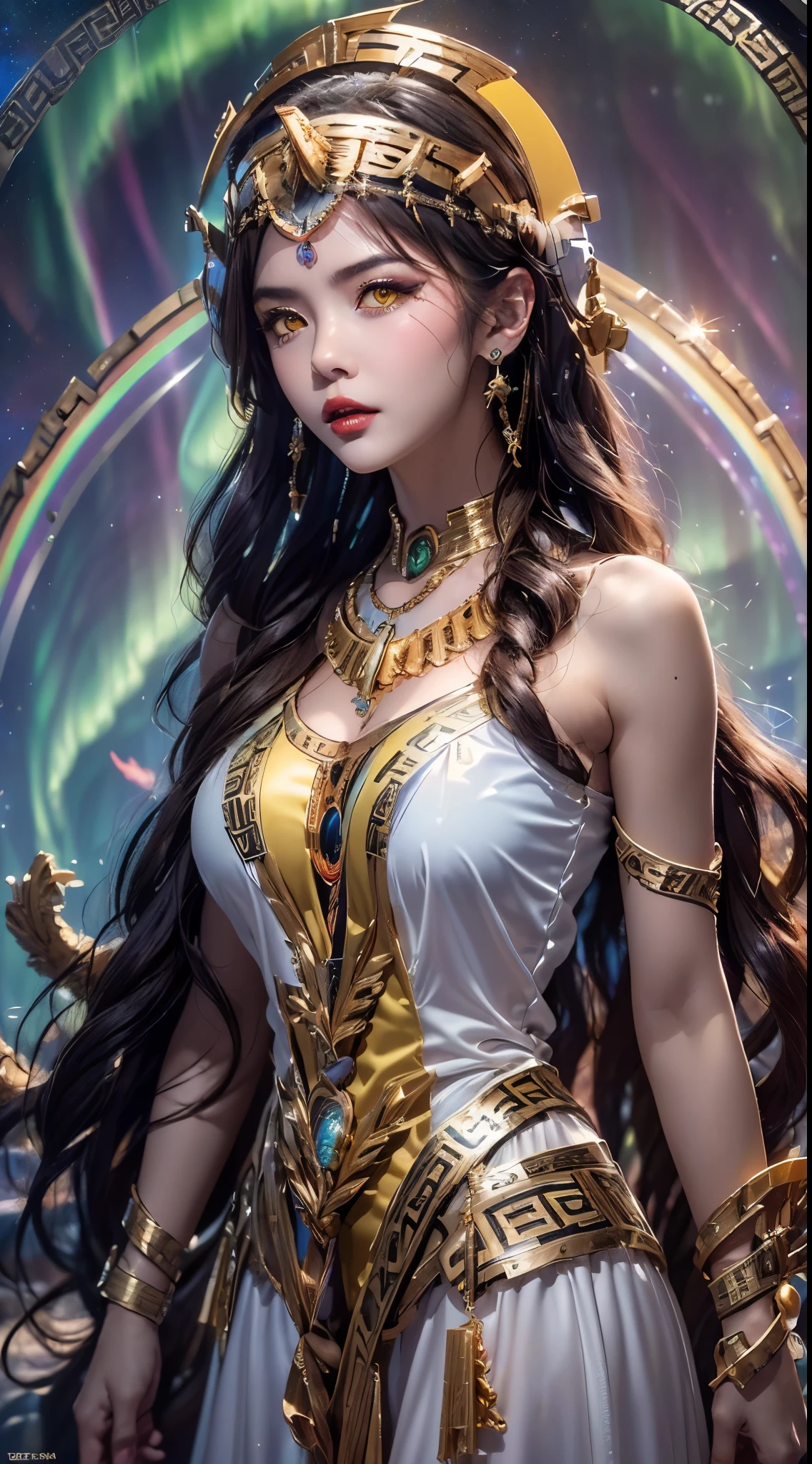 1 20 year old girl, 12 zodiac goddess pink and purple, Athena goddess face sexy thin yellow pajamas, Long thin pajamas with 12 zodiac signs and multiple limbs, sexy black lace details, Athena, the mythical goddess from the future, symbol of goddess, Luxurious sparkling Athena style, dark and mysterious version, athena crown, lipstick red lips, Thin and beautiful lips, Do not laugh, shut your mouth, Characters created by karol bak and pino daeni, intricate details, Detailed background, Very detailed, light magic, a woman, clear face, looking at the Upper body of the goddess of the athena, round chest, big and round chest, Phoenix feather brooch, Long hair with bangs, (Long hair comes in 7 colors of the rainbow:1.9), Beautiful and delicate face and well-proportioned eyes, (transparent yellow eyes: 1.8), Big round eyes and very beautiful and detailed makeup, far-sighted, Long silk transparent pajamas, Mysterious makeup, bracelet, Side bangs dyed light, Upper body, (athena goddess Upper body: 1.8), droopy arms, Real and vivid photos, (The stars that make up Athena: 1.7), ( Sky Athena and fictional space-time portals: 1.8), novel art, original photo, hanfu photo, best photo , High_resource, best quality, best photo, 8K quality, 8k ultra , Surrealism, The most economical real photo, Artistic portrait of Athena logo, followed by 1 symbol of the Athena logo, Athena goddess single portrait, The most realistic color scheme, best photo color, masterpiece, hair accessories, necklace, jewelry, pretty face, Upper body, Tyndall effect, Photo realistic, dark studio, Frame light, two color light, (Delicate skin) High: 1.2), 8K Ultra HD, SLR camera, soft light, High quality, Volumetric light, confess, photo, High resourceolution, 8K quality, Bokeh, Smooth and sharp, Pixels increased by 10 times, Charming goddess Athena, sexy goddess athena, (background space: 1.8), (galaxy: 1.7), aurora, lightning, (aurora background: 1.8), perfect eyes, photo of perfect eyes, Beautiful goddess and flowers,