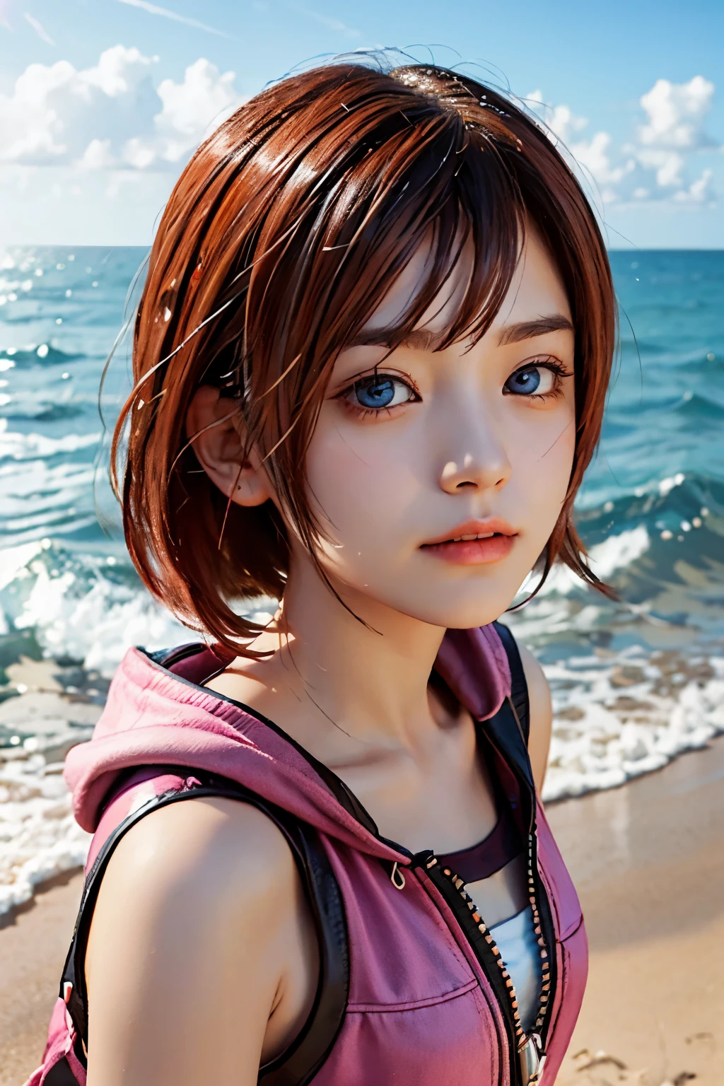 (masterpiece), (best quality:1.0), (ultra highres:1.0), detailed eyes, BREAK Kairi, short hair, pink hoodie, skirt, sleeveless, zipper BREAK island, beach, gorgeous view, looking at camera, close up, half body portrait headshot