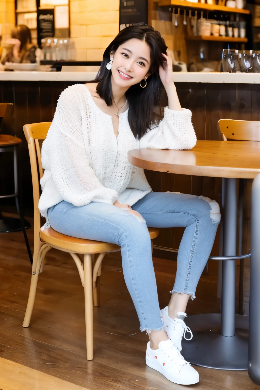 ((highest quality)), 8K、A neat and beautiful woman sitting on a chair at a coffee shop、long sleeve blouse、skinny denim、ear piercing、full body photo、smile、hairstyle semi long、Gums are visible through the sneaker mouth