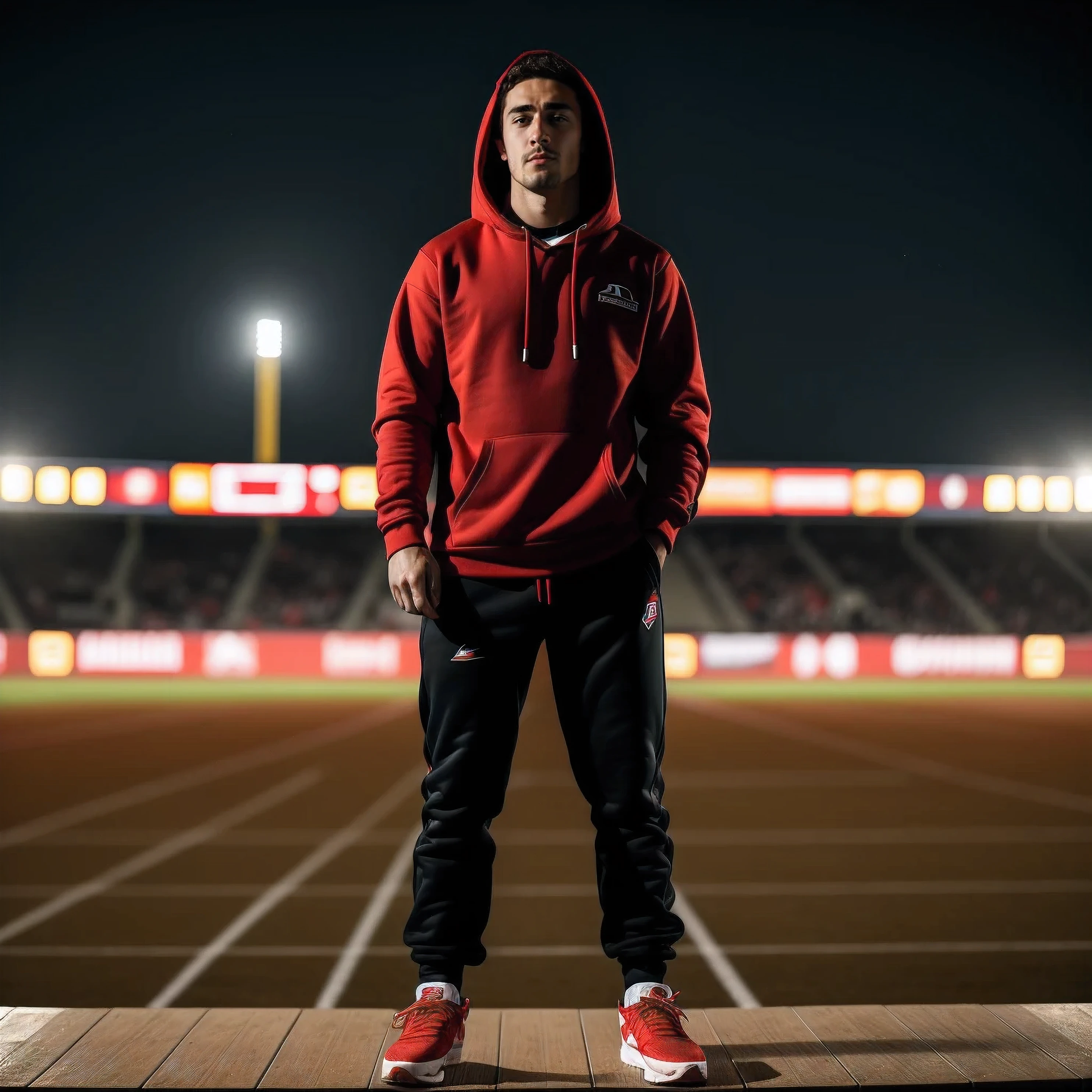 arafed man in a red hoodie standing on a baseball field, standing in a stadium, wearing a red hoodie, mid shot portrait, wearing a scarlet hoodie, athlete photography, f 1 driver charles leclerc, standing in an arena, wearing track and field suit, in style of kyrill kotashev, red and cinematic lighting, red hoodie