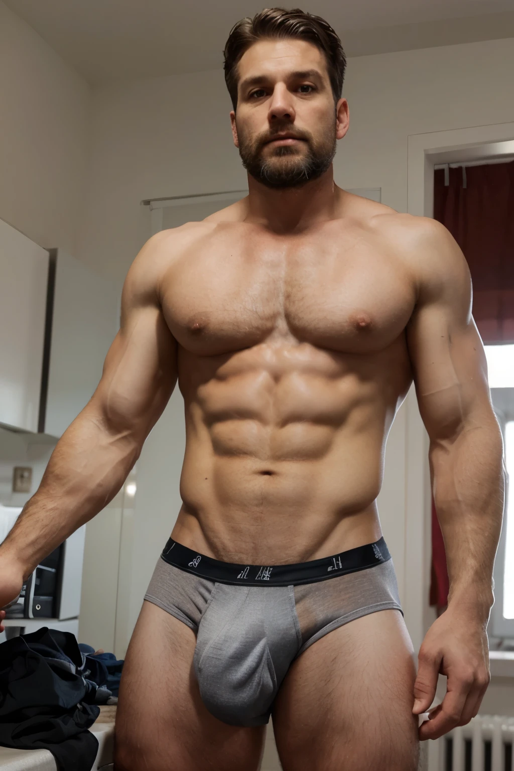 caucasian man, alpha male, big nose, ugly face, ugly face, skinny body, hairy body, ugly face, very, ugly, short gray beard, gray hair, 50 years old, old man, stading full body, shirtless, full red compression short's, biggest bulge, big bulge, biggest bulge, perfect realism.