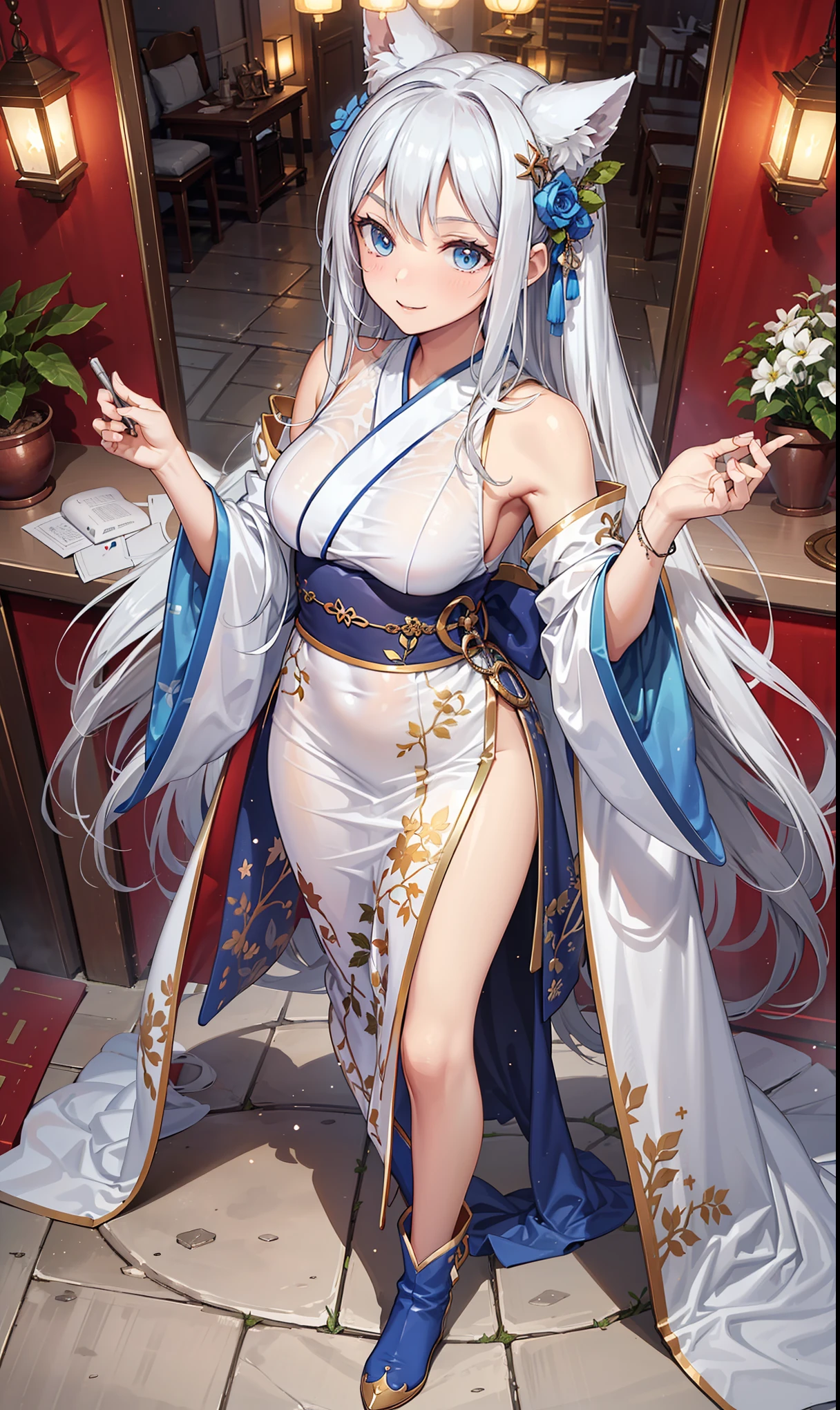 saints，Elegant and charming，Smile，in love，(Transparent colorful Hanfu，Sophisticated and gorgeous design)，black gloves，silver hair，blue eyes，see through transparent clothes，Exquisite hair accessories，Transparent lace，Engraving pattern，dress nicely，The background is an old Chinese palace，Inside the hall，elegant posture，night，Carved suspender boots，Super super details，Divine magic，light particles，Exquisite and beautiful face and eyes