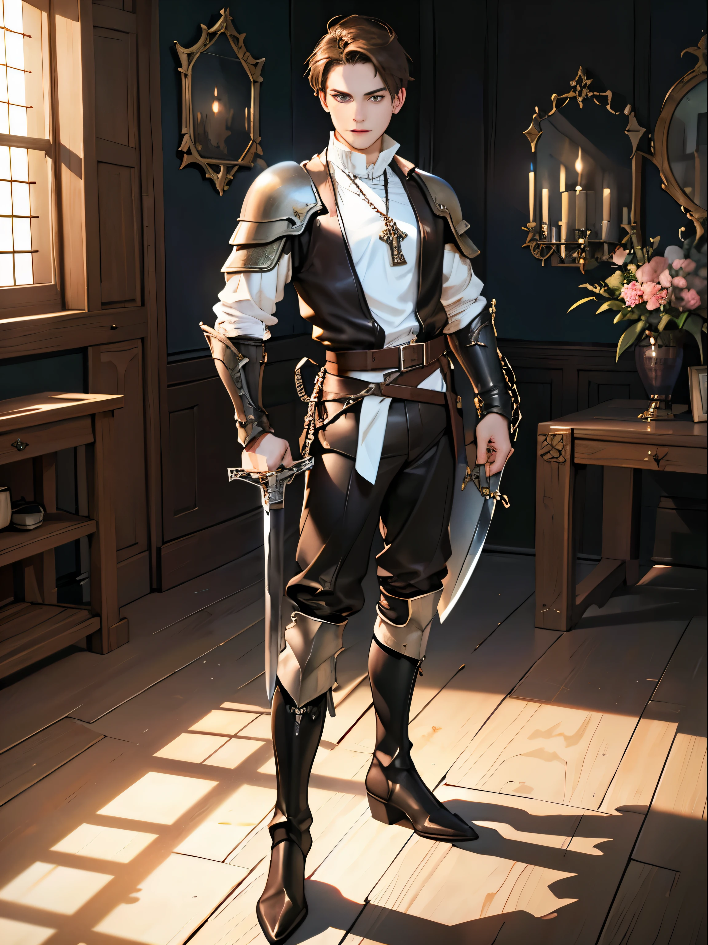 masterpiece, super detailed, 8K portrait, RAW photo, male portrait photography, highly detailed face, cool and detailed eyes, ((fantasy)), 1 person, (((youth))), laughter, , warrior, standing with hands on hips, (((short brown hair))), (((white skin color))), (((black leather chest armor))), chain waist cross, (((leather boots))), ((Equip a dagger and a small shield)), midday sun, surreal, long legs, In the medieval adventurer's guild, environmental lighting, shadow details, focus the camera on the face, strong wind, light fog