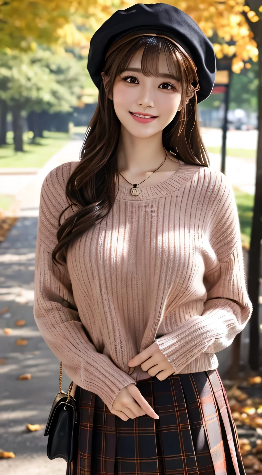 highest quality, Photoreal, finely, High resolution, 8k wallpaper, perfect dynamic composition, beautiful and detailed eyes, medium hair,big and full breasts,standing woman, mature woman, /(ribbed sweater/) /(red plaid skirt/) Beret Necklace, /(brown hair/) bangs, A gentle smile with a blush, (highest qualityの傑作:1.2) Delicate illustrations are drawn in super detail, big breasts, Lower your arms and BREAK /(Outside the public park/) Brick road, autumn leaves tree々, detailed background