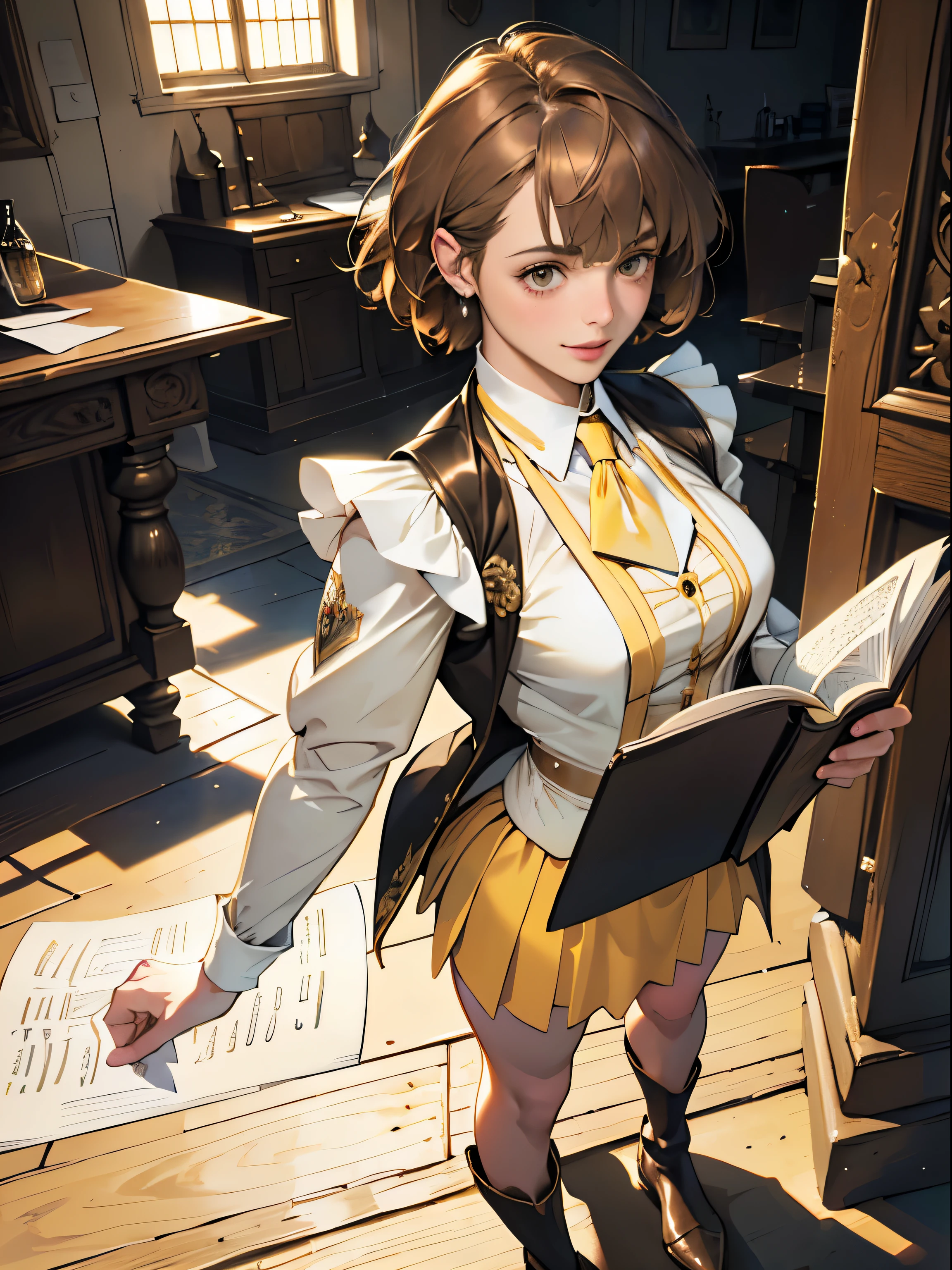masterpiece, super detailed, 8K portrait, RAW photo, portrait photography, whole body, highly detailed face, ((fantasy)), young and beautiful, 27 years old, smile, ((((reception))), Are standing, (((Light brown short bob hair))) fluttering in the wind, dull bangs, ocher long puffy sleeve clothes, Yellow waistcoat, short skirt, ((notebook in hand)), Morning sun, surreal, body model, small breasts, beautiful breasts, long legs, In the medieval adventurer's guild, environmental lighting, shadow details , focus the camera on the face, strong wind, light fog