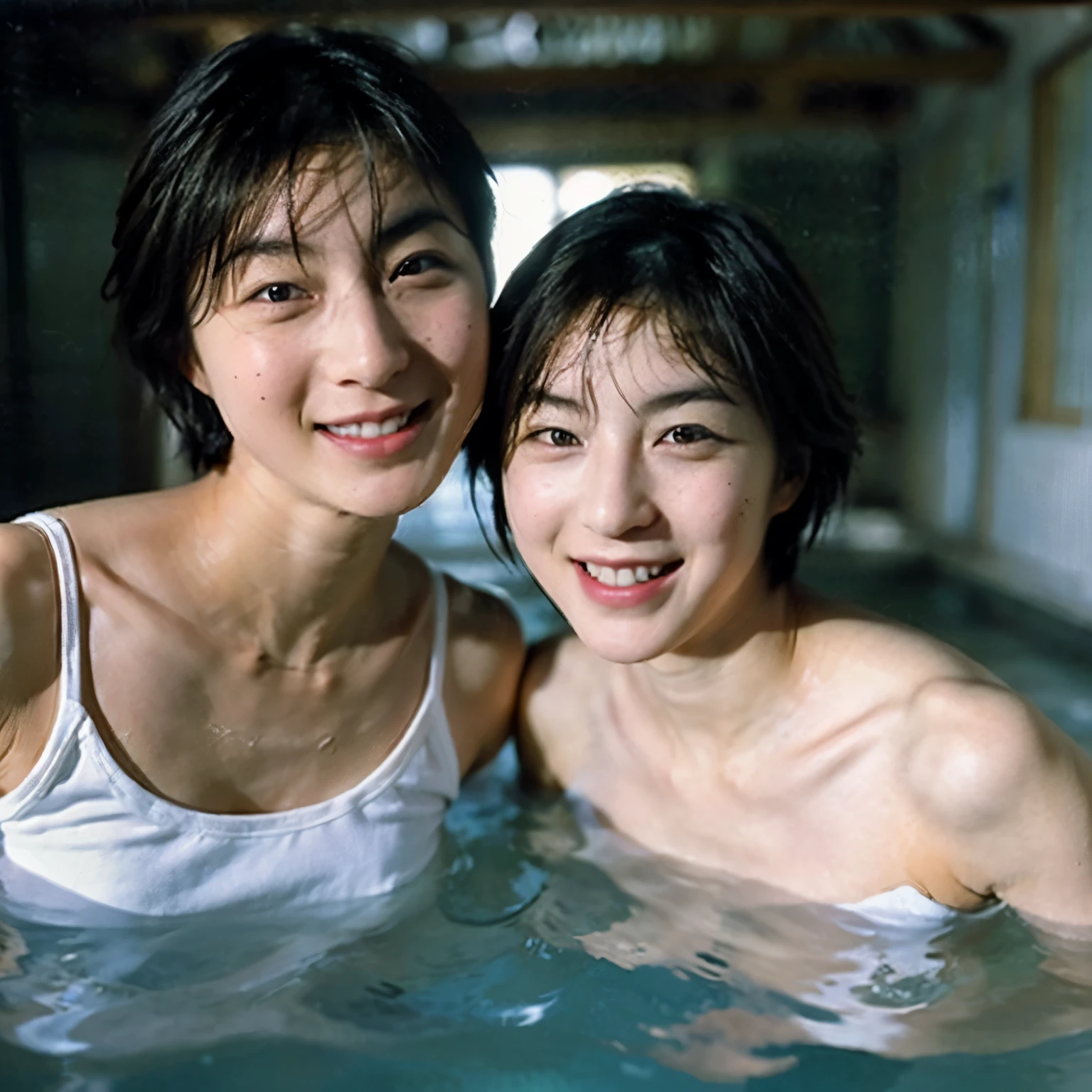 2 people、全nakedで、Identical twin sisters immerse themselves in a large bathhouse, Japanese, , realistic, beautiful and detailed face、naked、Big bath, (short hair, Wet), smile, 