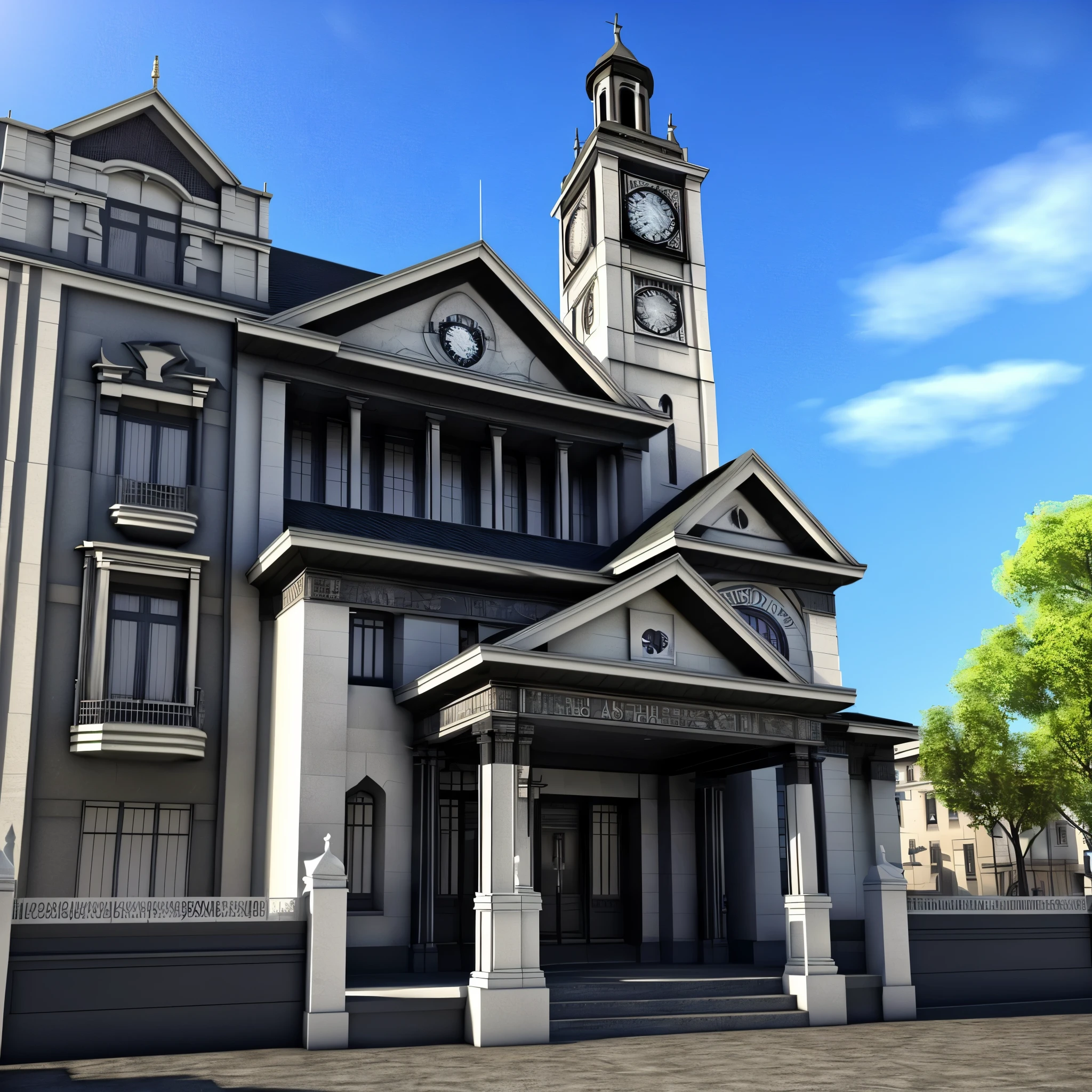 a close up of a drawing of a building with a clock on the front, render 3 d, complete house, 3/4 view realistic, 3 d rendering, 3d rendering, highly rendered!!, vue 3d render, pre-rendered, by Kamisaka Sekka, 3 - d render, 3d-render, building facing