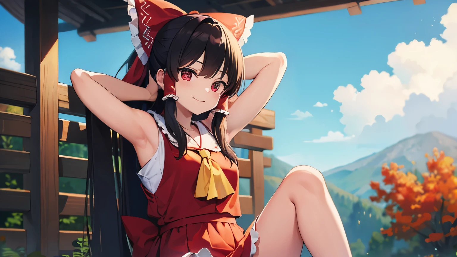 hakurei_reimu,smile,detailed background,sitting stretching me,detailed background