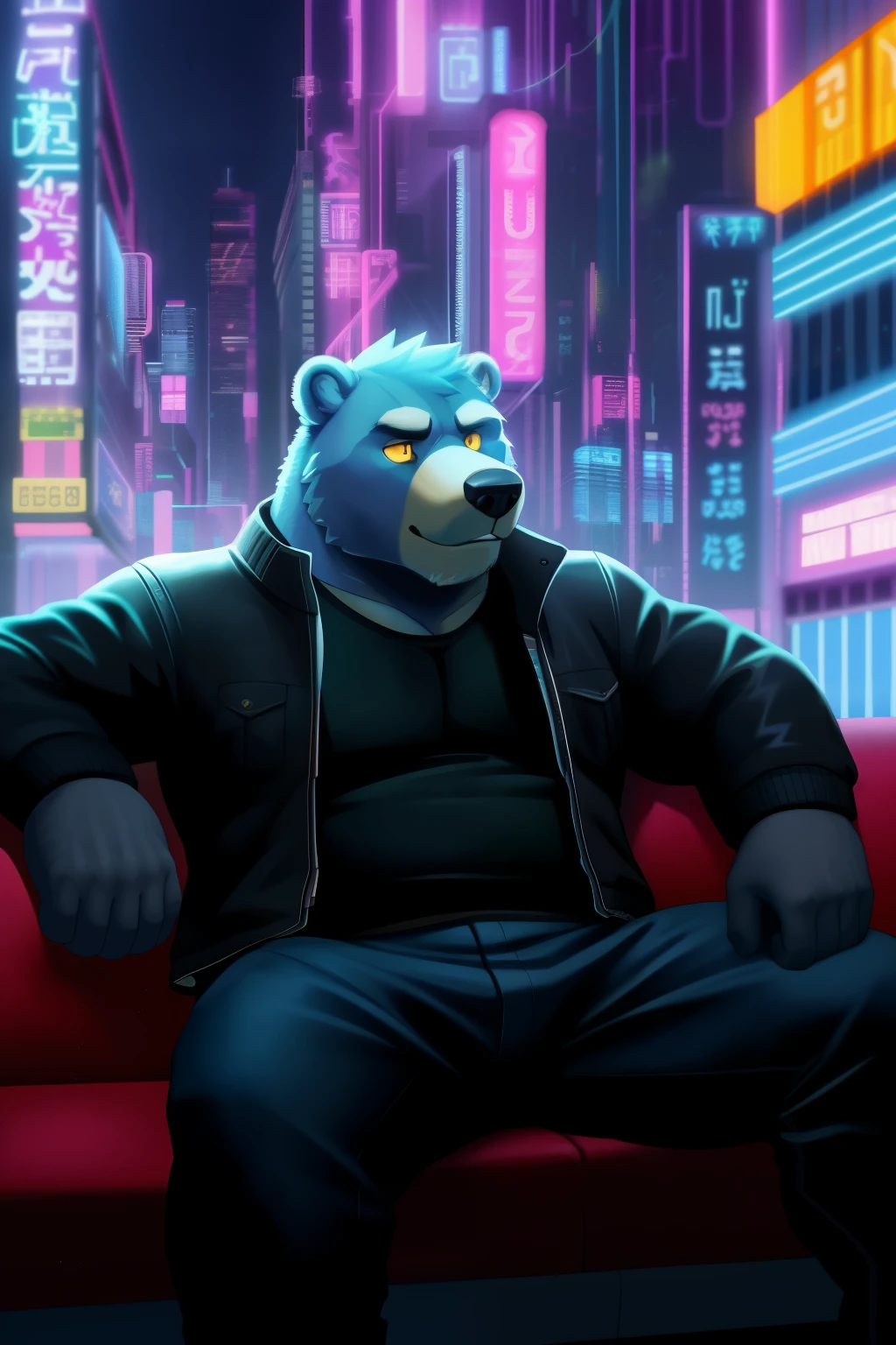 A solo anthro bear, deep in thought, sits on a plush couch in a dimly lit room, lost in contemplation. The cityscape outside the window is a blur of neon lights, a vaporwave symphony playing softly through his headphones. His yellow eyes, half-closed, reveal a hint of uncertainty, his thick furry body tense. He wears a worn-out, detailed shirt with intricate cyberpunk stripes and a cyberpunk jacket with incandescent lamps, all in high resolution and cinematic quality. The background is dynamic, filled with vapor trails and moving lights, a stark contrast to the stillness of the bear. Despite the tense atmosphere, the lighting