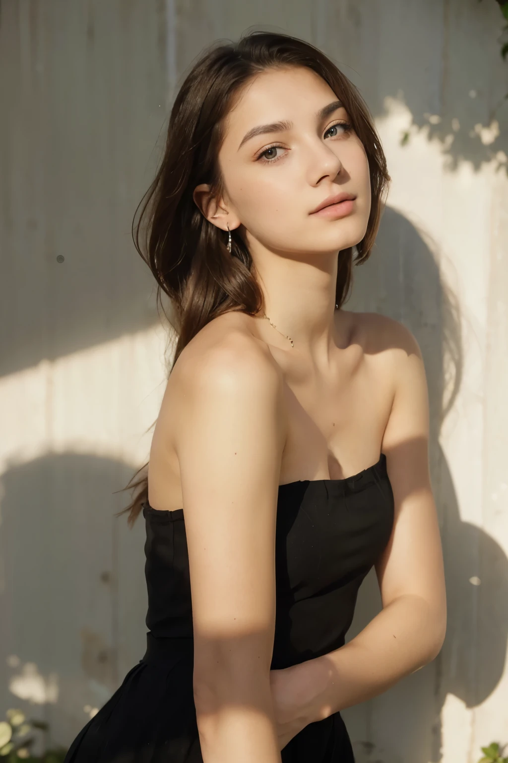 Photo of a 20 year old brunette woman, that has a very natural face, long hair, thin lips, thin eyes, thin eyebrows, thin nose, earrings, green eyes, long eyelashes. She makes a cute picture in a garden.
