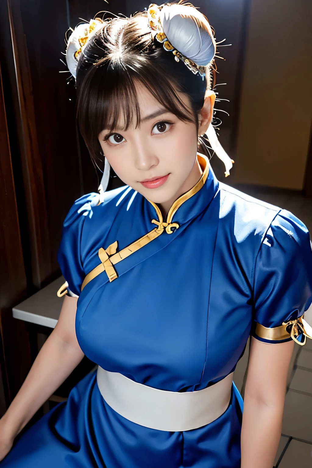 Chun-Li from Street Fight II,Bun head,bun cover,masterpiece、1 beautiful girl、fine eyes、puffy eyes、highest quality, 超High resolution, (reality: 1.4), movie lighting、Japanese、asian beauty、Korean、super beautiful、beautiful skin、body facing forward、close up of face、(超reality的な)、(High resolution)、(8k)、(very detailed)、(美しくfine eyes)、(Super detailed)、 (wall-)、detailed face、bright lighting、professional lighting、looking at the viewer、look straight ahead、slanted bangs、Nogizaka Idol、korean idol、masterpiece, highest quality, masterpiece, highest quality, perfect face, perfect brown eyes with white sclera, bad move-5, alone, 1 girl, Upper body, brown hair, From SF2, Chinese service, smile, muscular woman, blue clothes, pantyhose, pelvic curtain, Puffy short sleeves, Good cover, sash, evaluation:safety