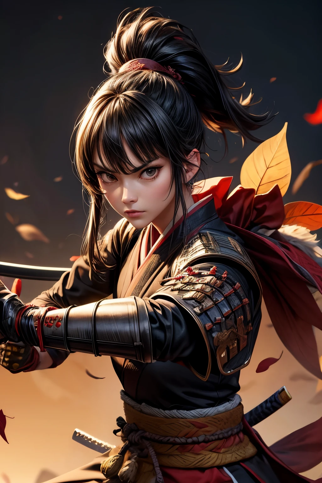 ultra-detailed samurai in traditional armor, fierce expression, powerful stance, katana in hand, Autumn Leaves Background
, vibrant colors, dynamic lighting,More Detail,