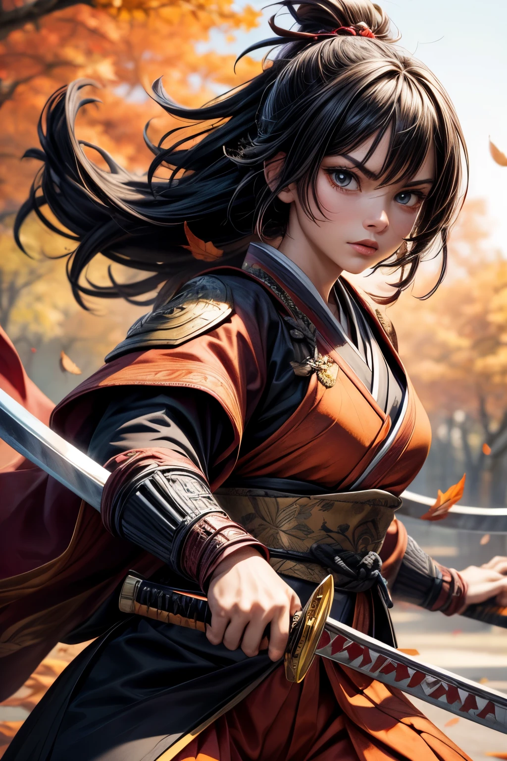 ultra-detailed samurai in traditional armor, fierce expression, powerful stance, katana in hand, Autumn Leaves Background
, vibrant colors, dynamic lighting,More Detail,