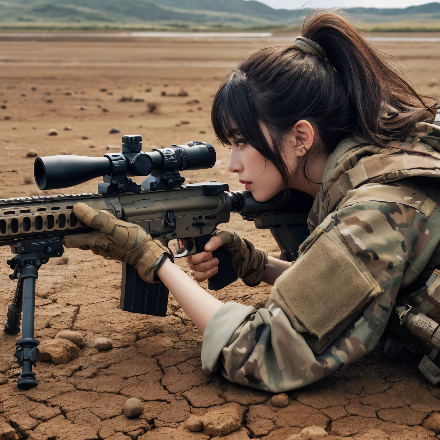 (best quality,4k,highres,masterpiece:1.2),ultra-detailed,realistic:1.37,portrait,sharp focus,physically-based rendering,professional,vivid colors,bokeh,beautiful detailed eyes,beautiful detailed lips,extremely detailed eyes and face,long eyelashes,photo-realistic skin texture,automatic rifle,studio lighting