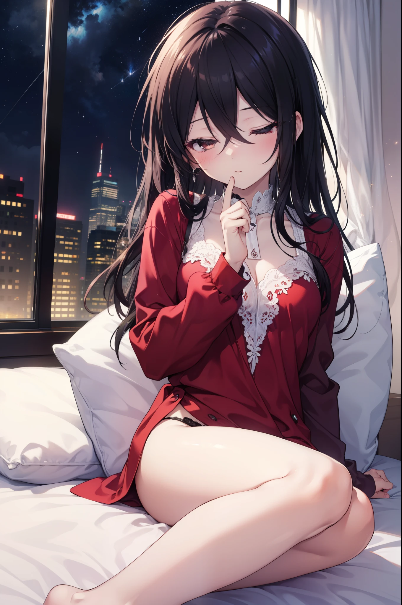masterpiece, highest quality,Highly detailed CG Unity 8k wallpaper,
1 girl,shana,long hair,black hair,close both eyes,Red Nightgown,black string underwear,windows,romantic starry sky,A meteor crosses,sleeping in bed,night,sleep with your head on the pillow,Sleeping lying on your back in bed,dark room,night, break indoors, Bedroom, break (masterpiece:1.2), highest quality, High resolution, unity 8k wallpaper, (shape:0.8), highly detailed face, perfect lighting, Very detailed CG, (perfect hands, perfect anatomy),