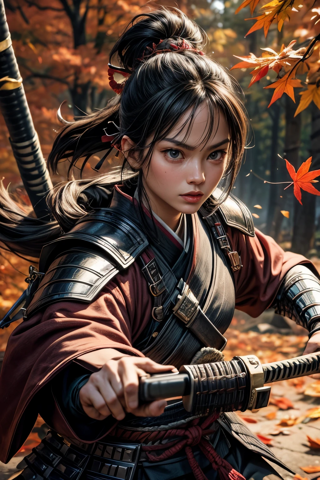 ultra-detailed samurai in traditional armor, fierce expression, powerful stance, katana in hand, Autumn Leaves Background
, vibrant colors, dynamic lighting,More Detail,