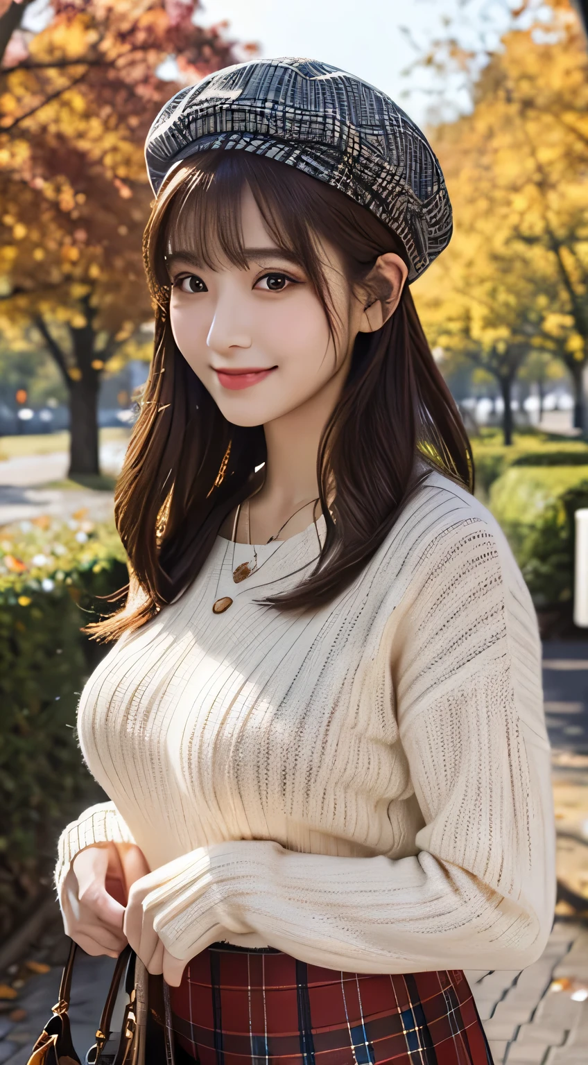 highest quality, Photoreal, finely, High resolution, 8k wallpaper, perfect dynamic composition, beautiful and detailed eyes, medium hair,big and full breasts,standing woman, mature woman, /(ribbed sweater/) /(red plaid skirt/) Beret Necklace, /(brown hair/) bangs, A gentle smile with a blush, (highest qualityの傑作:1.2) Delicate illustrations are drawn in super detail, big breasts, Lower your arms and BREAK /(Outside the public park/) Brick road, autumn leaves tree々, detailed background