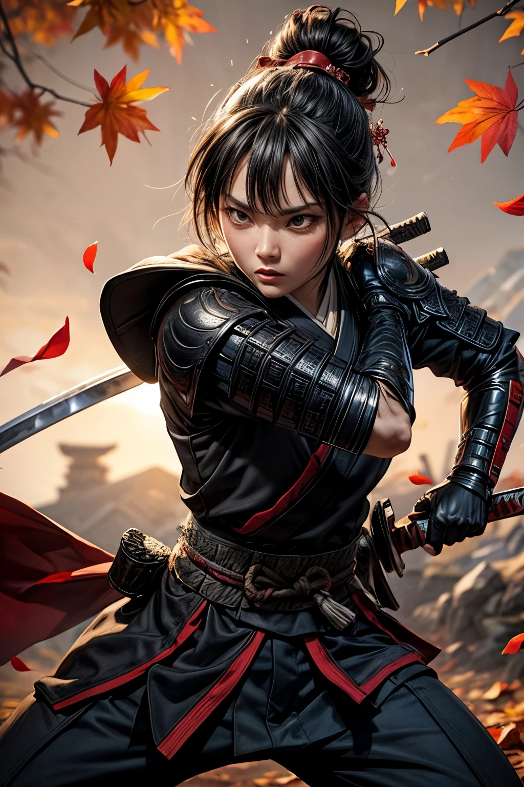 ultra-detailed samurai in traditional armor, fierce expression, powerful stance, katana in hand, Autumn Leaves Background
, vibrant colors, dynamic lighting,More Detail,