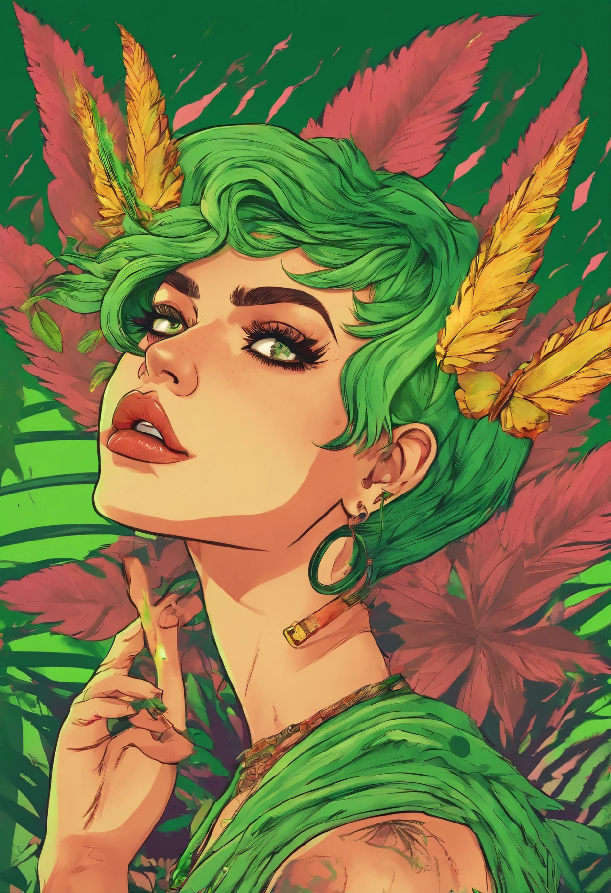 a woman with Green hair, green eyes and tattoos smoking a joint, A closeup of a woman with a marijuana leaf on her head, personification of marijuana, in illustration style digital, inspirado por Mary Jane Begin, extremely high quality artwork, matte digital illustration, Maria Jane, asymmetrical marijuana, Arte Digital. da cannabis, green hair, floating hair, glowing Green eyes, star-shaped pupils fire colors, rabbit ears, smelling, glowing light, backlighting, first-person view, wide shot, Ultra-Wide Angle, Sony FE, masterpiece, ccurate, anatomically correct, textured skin, high quality, high details, super detail, highres, HD, 4K, 8k, 16k