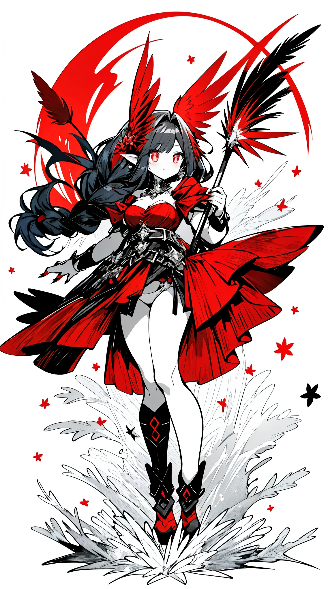 ((masterpiece:1.4,best quality))+,(Ultra-detailed)+,(super detailed eyes)+,(winged ears:1.5),
(cute girl),,(crimson pupils:1.15),long blue hair,long braids,Thick hair(Variza:1.2),Pale complexion,giggle,red rhombus crystal,red bird feathers,black underwear,
(She wears conservative red and yellow feathered costumes,black pattern,:1.5),(Starry Sky Cloak:1.4),The sleeves are very long,red bird feather headdress,halo of flames,red halo,Baiyun,A sea of red leaves and trees,red nails,corolla,Mechanical rifles,mechanical body,
(bird feathers:1.1),
(Dawn light:1.2),
(Thick black and white:1.16),(depth of field:1.4),,intricate details,