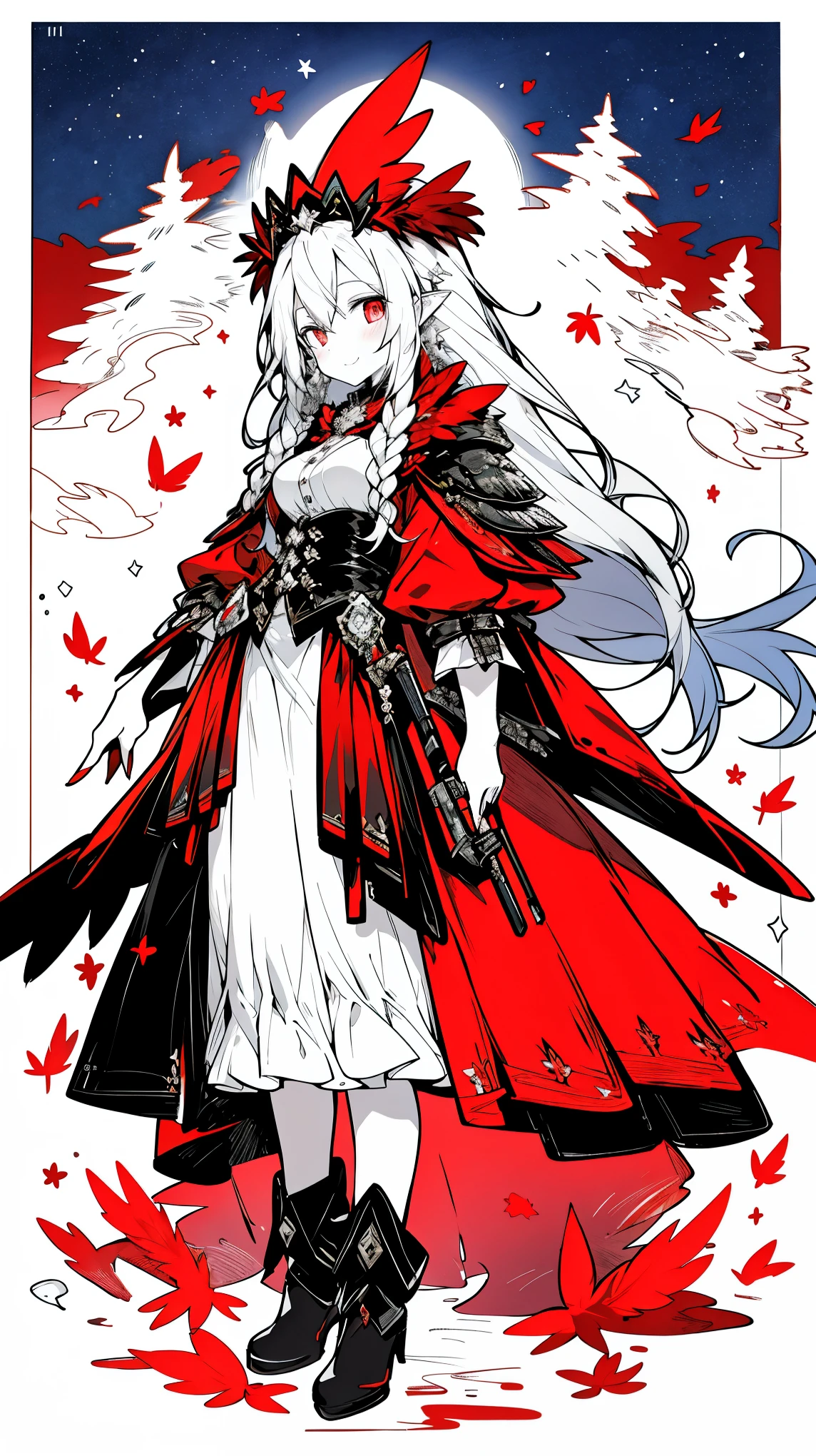 （（masterpiece：1.4，best quality））+，（Ultra-detailed）+，（super detailed eyes）+，（winged ears：1.5），
（cute girl），15 years old，（crimson pupils：1.15），long blue hair，long braids，Thick hair（Variza：1.2），Pale complexion，giggle，red rhombus crystal，red bird feathers，black underwear，
（She wears conservative red and yellow feathered costumes，black pattern，：1.5），（Starry Sky Cloak：1.4），The sleeves are very long，red bird feather headdress，halo of flames，red halo，Baiyun，A sea of red leaves and trees，red nails，corolla，Mechanical rifles，mechanical body，
（bird feathers：1.1），
（Dawn light：1.2），
（Thick black and white：1.16），（depth of field：1.4），，intricate details，