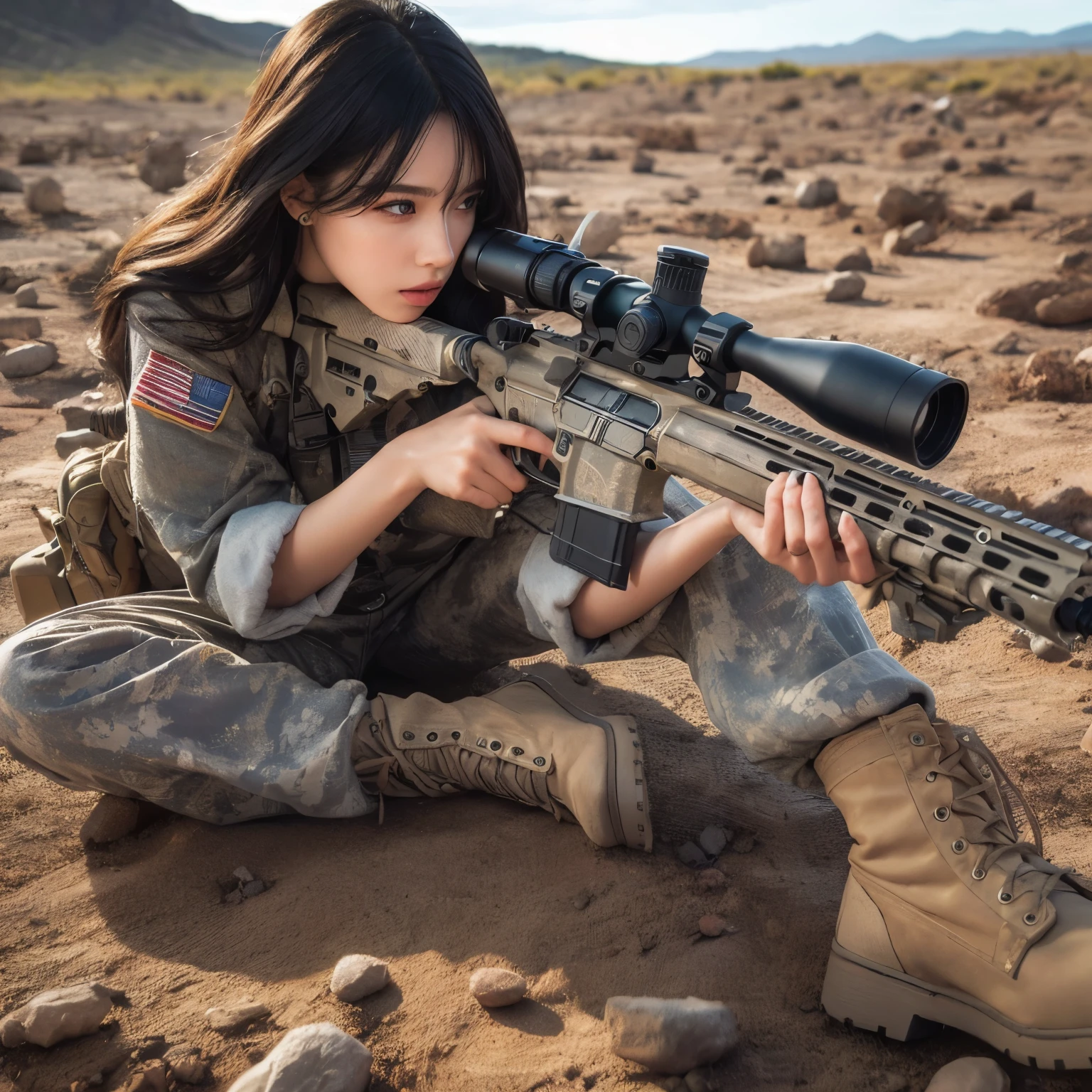 (best quality,4k,highres,masterpiece:1.2),ultra-detailed,realistic:1.37,portrait,sharp focus,physically-based rendering,professional,vivid colors,bokeh,beautiful detailed eyes,beautiful detailed lips,extremely detailed eyes and face,long eyelashes,photo-realistic skin texture,automatic rifle,studio lighting