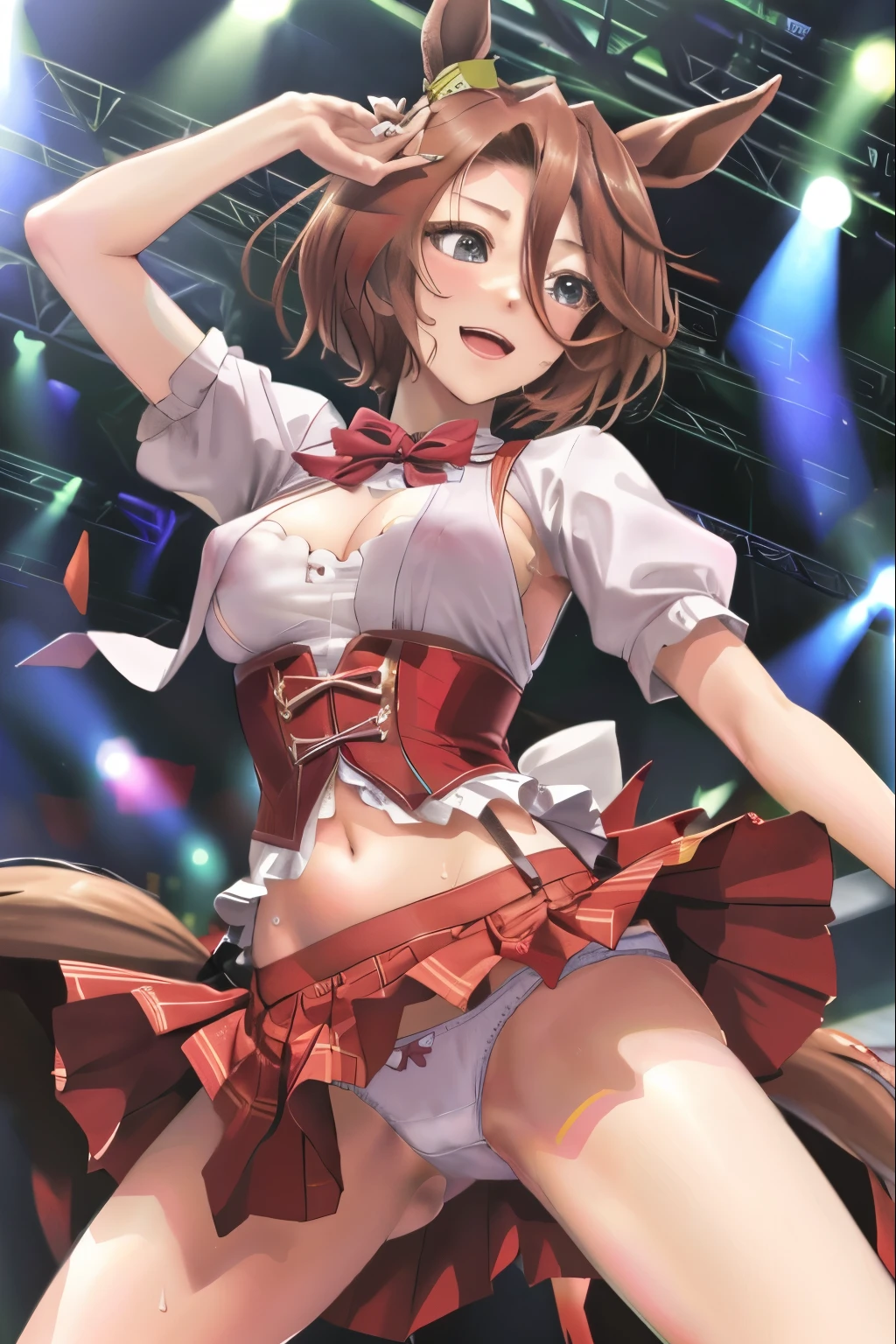 sexy dance show,narita taishin \(umamusume\),good anatomy, masterpiece, best quality,realistic, hyperrealistic, 16k hdr,(Live Stage:1.2),(skirt lift,wind lift:1.4),Stage costumes,Horse tail,ultra miniskirt,navel,sweat,large breasts,upper body,smile,erected nipples,from below,show off micro panties,spread legs