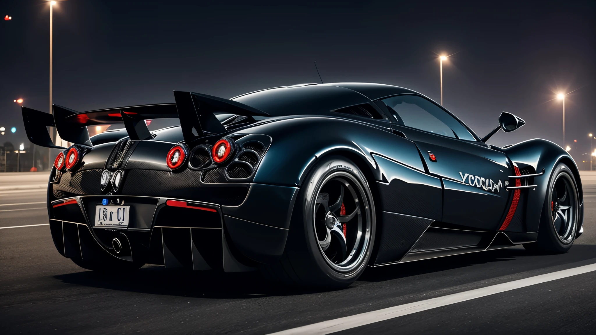 Venom mouth logo on body Pagani Huayra, full body, glowing image, high resolution, detail design, background Dubai city, 8k