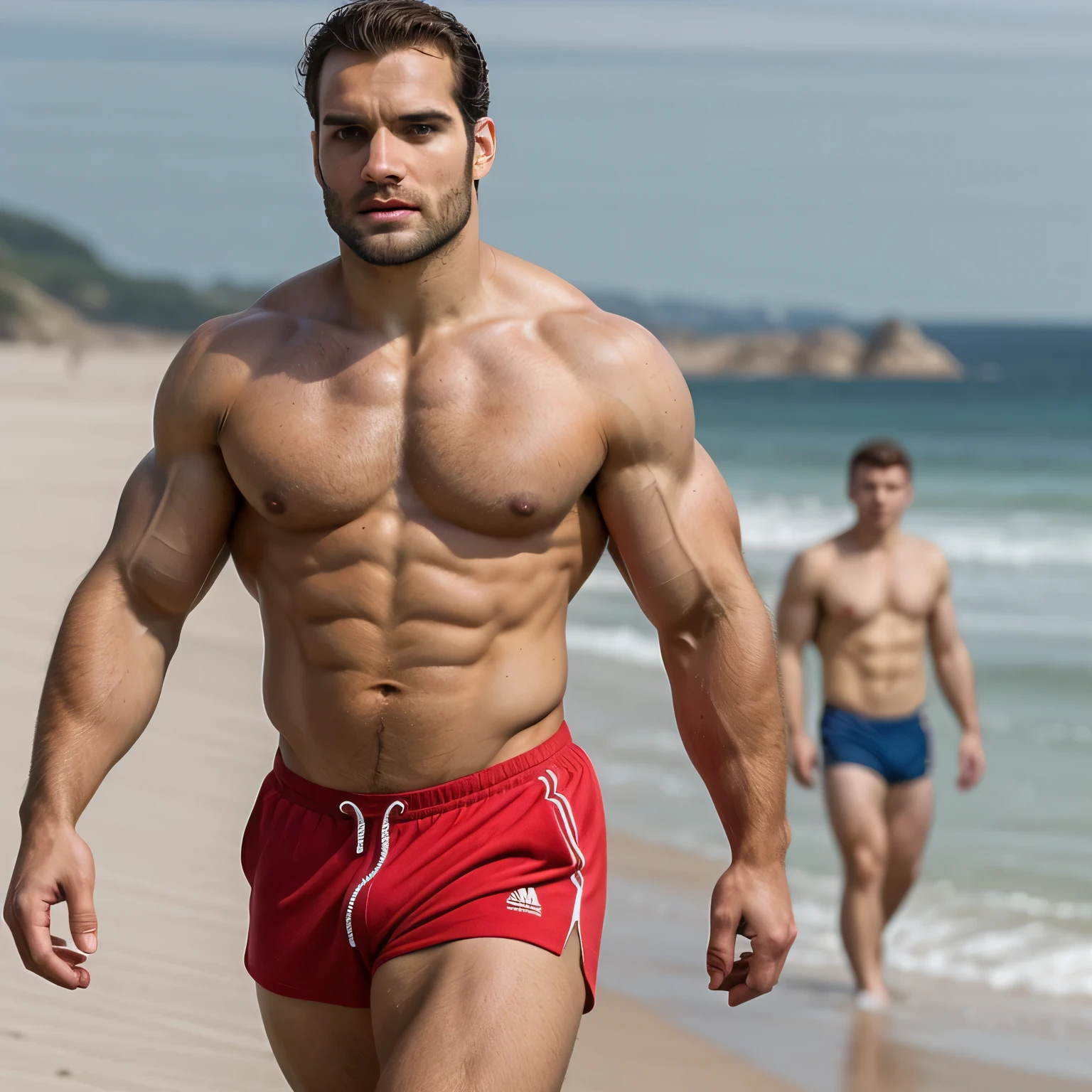 Qualidade de imagem ultra-alta, realistic and strong male characteristics, um homem inspirado em Henry Cavill como Wolverine, detailed venous muscles, a chiseled man walking on the beach sem camisa in red shorts, Modelo masculino, Modelo de fitness, Abdominais esculpidos, homem atraente, bodybuilder physique, Rasgado, muscular men, Rasgado, Corpo atraente, strong masculine traits, athletic body building, alto, athletic and handsome guys, sem camisa, Muscular macho, Physical sports, Homem magro com pele bronzeada clara, sculpted muscles