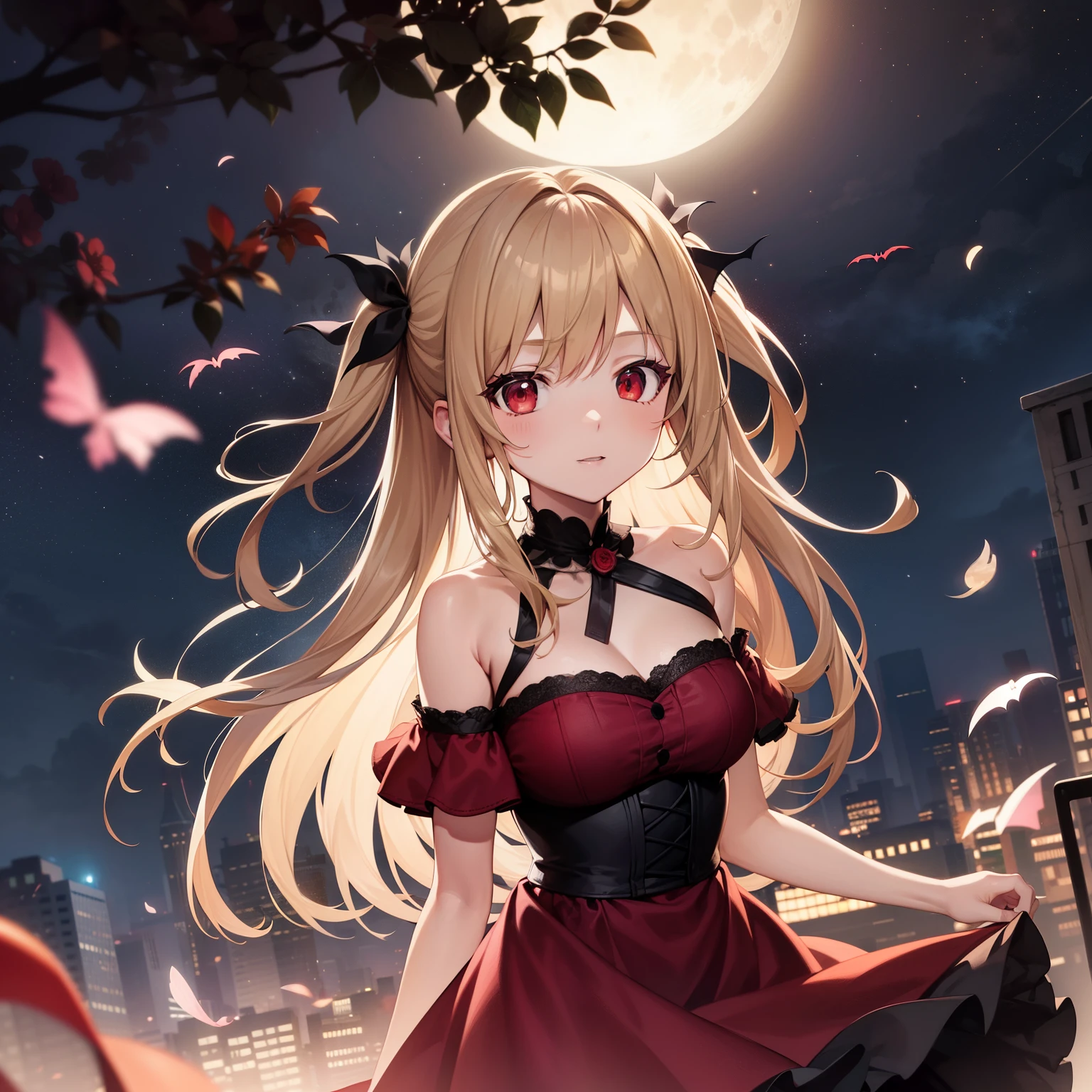 alone, single, blonde, red eyes, girl, vampire, off shoulder, dress, moon in the background